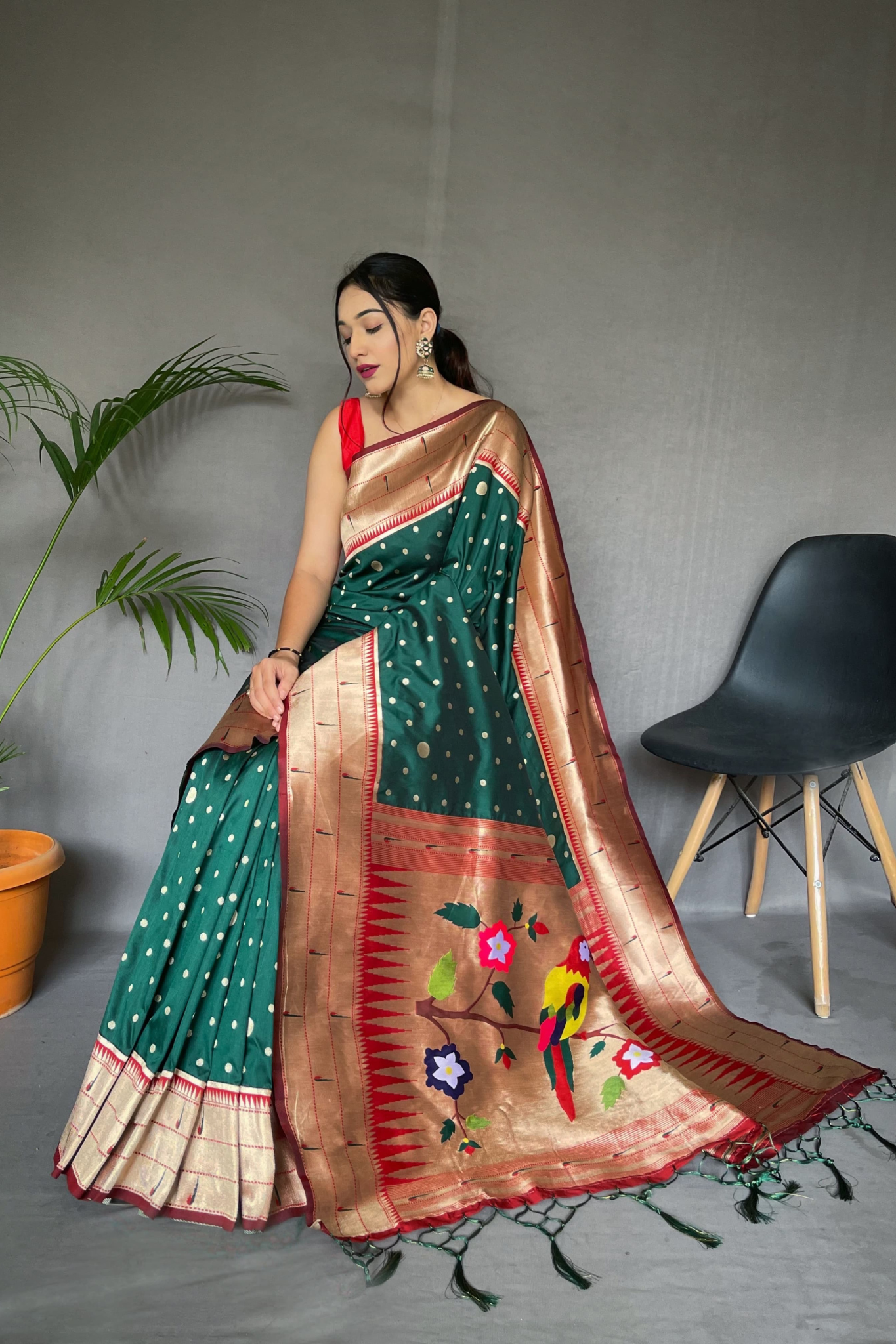 Triple Munia Bottle Green Paithani Saree