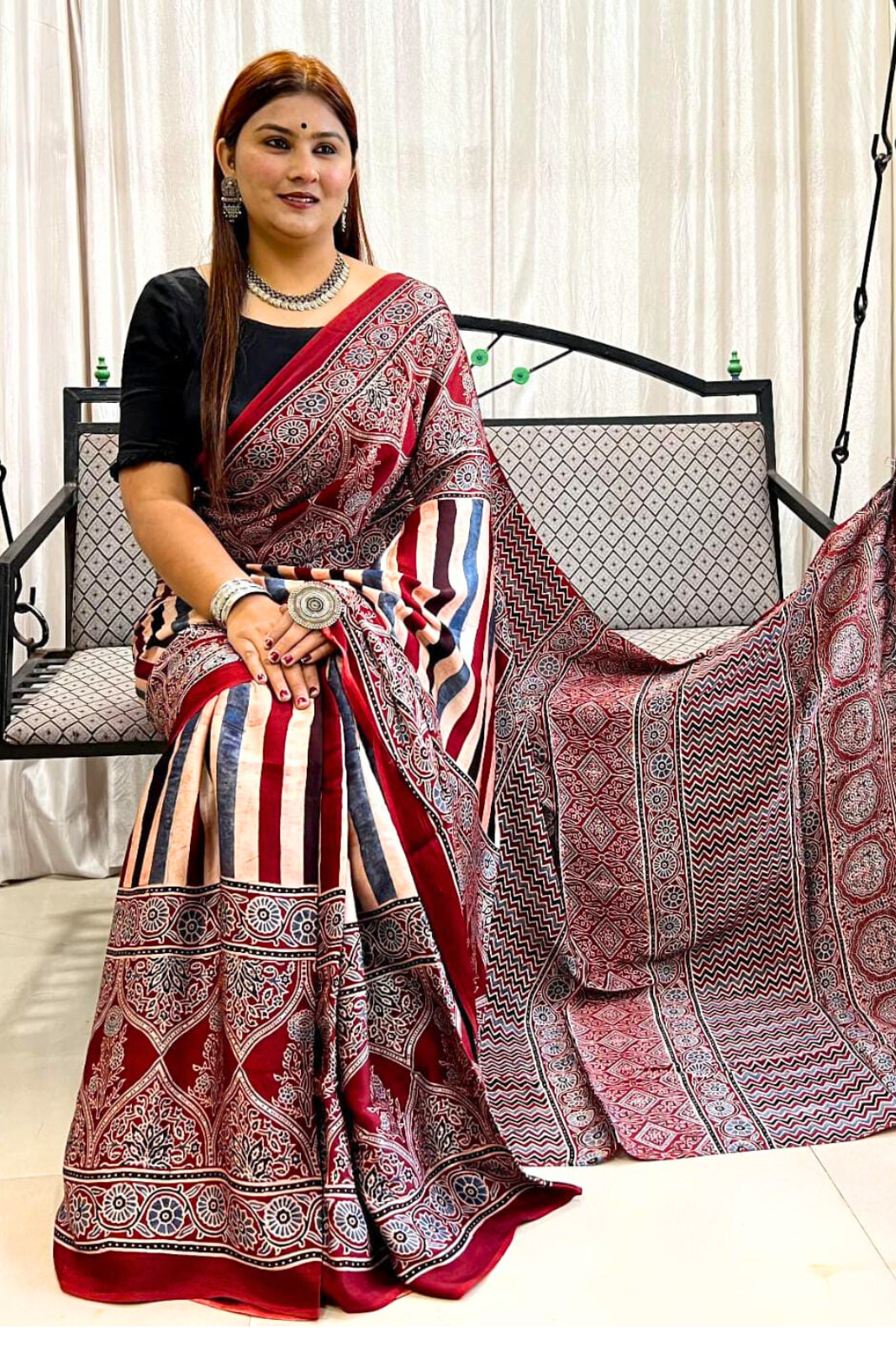 Handblock Printed Natural Dye Pure Modal Ajarakh Silk Saree Maroon & Multi Stripe