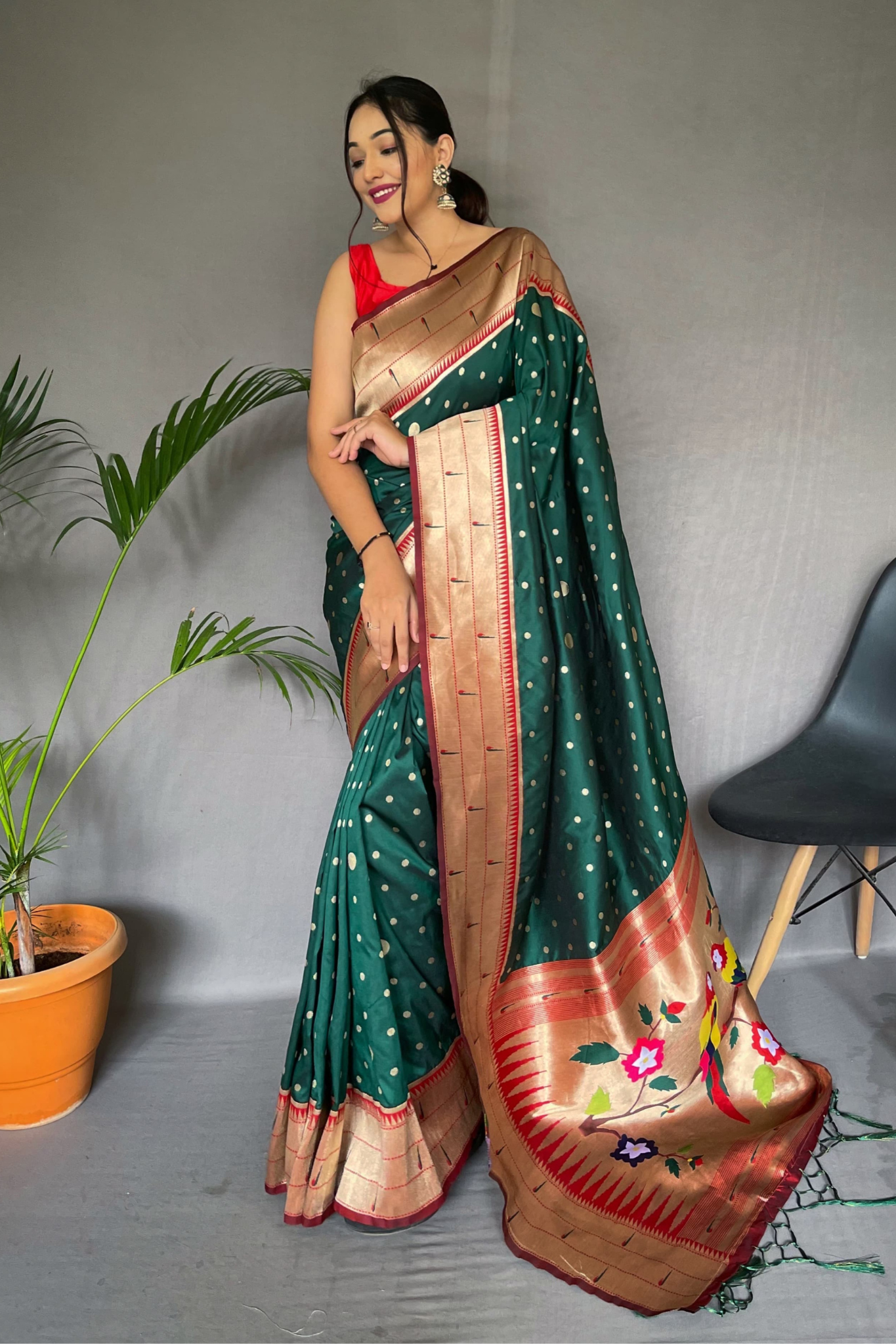 Triple Munia Bottle Green Paithani Saree