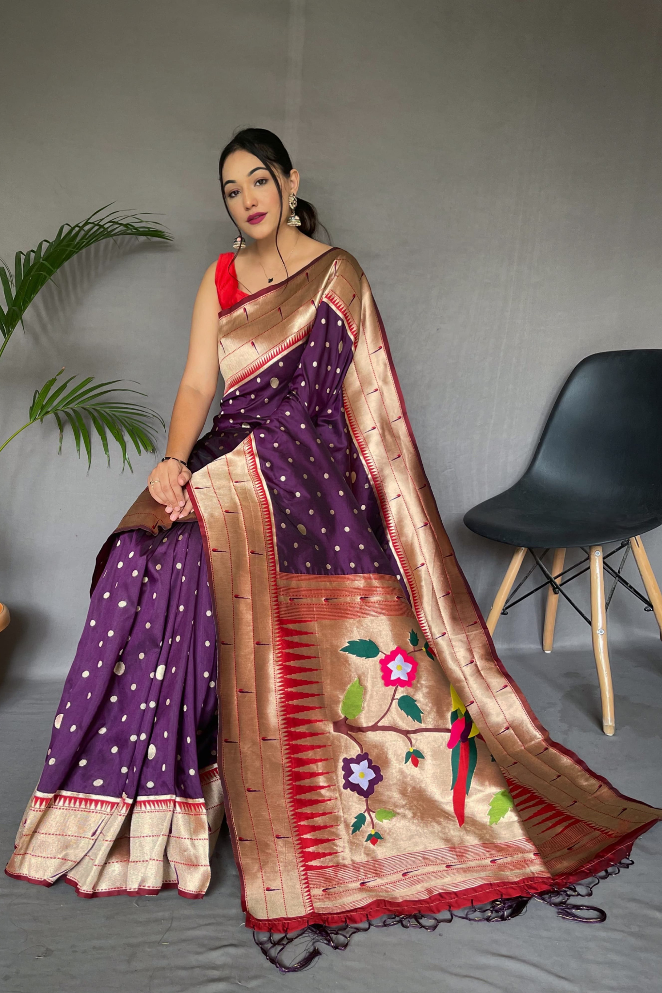 Triple Munia dark Wine Paithani Saree
