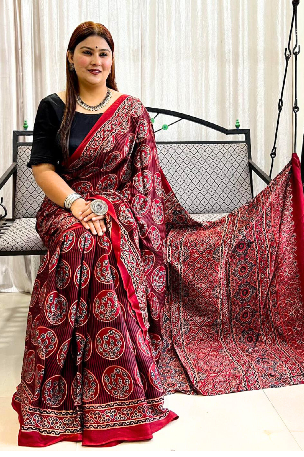 Handblock Printed Natural Dye Pure Modal Ajarakh Silk Saree Maroon