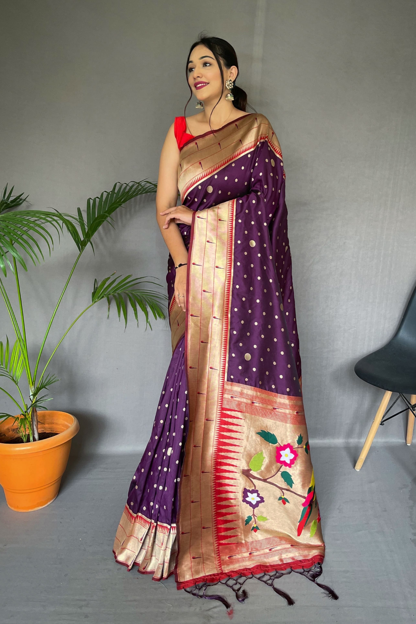 Triple Munia dark Wine Paithani Saree