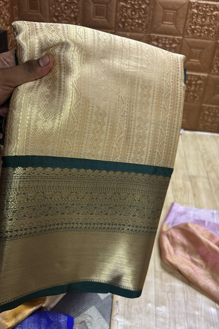 Gold Kanjivaram Silk Saree with Green Border & Rich Pallu