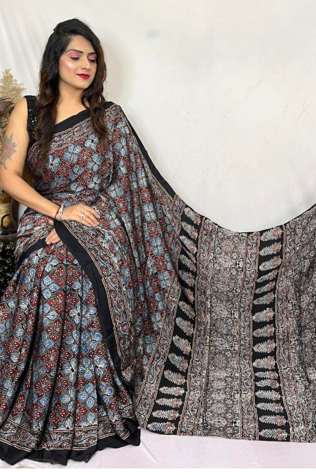 Handblock Printed Natural Dye Pure Modal Ajarakh Silk Saree Black with Red & Blue Geometric Floral Motifs