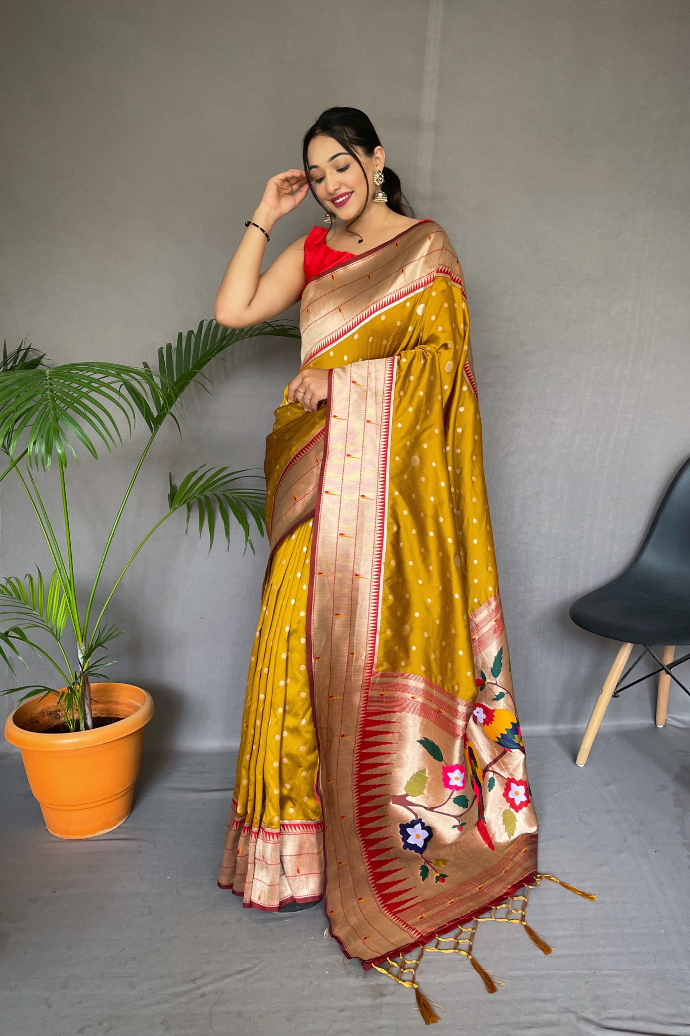 Triple Munia Mustard Yellow Paithani Saree