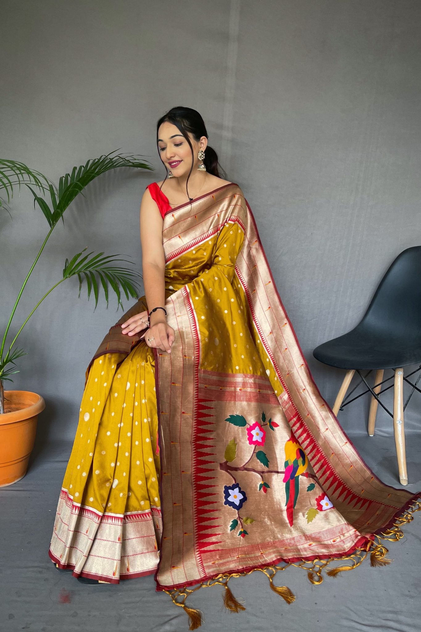 Triple Munia Mustard Yellow Paithani Saree