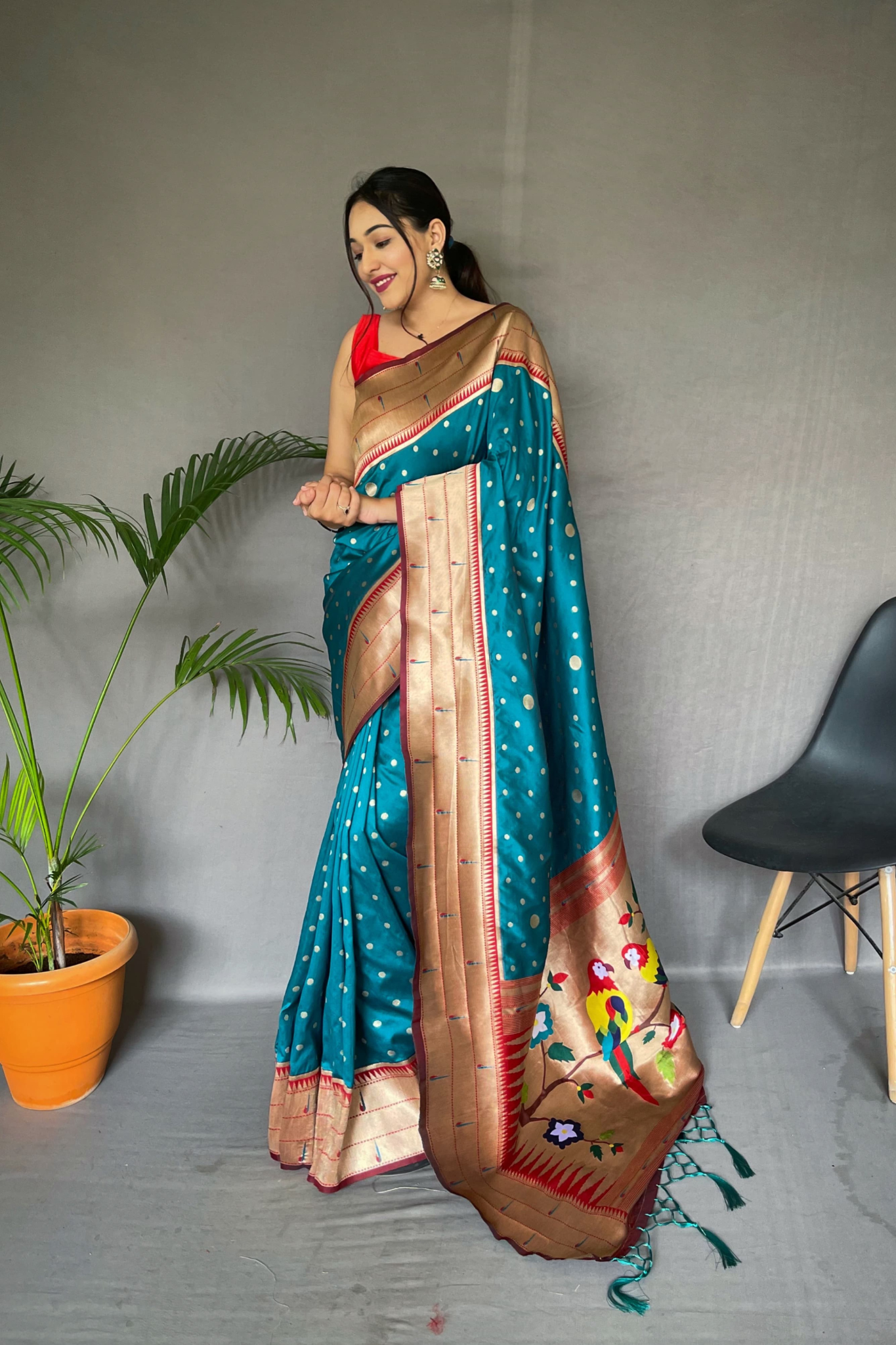 Triple Munia Peacock Blue Paithani Silk Saree with Golden Zari Border