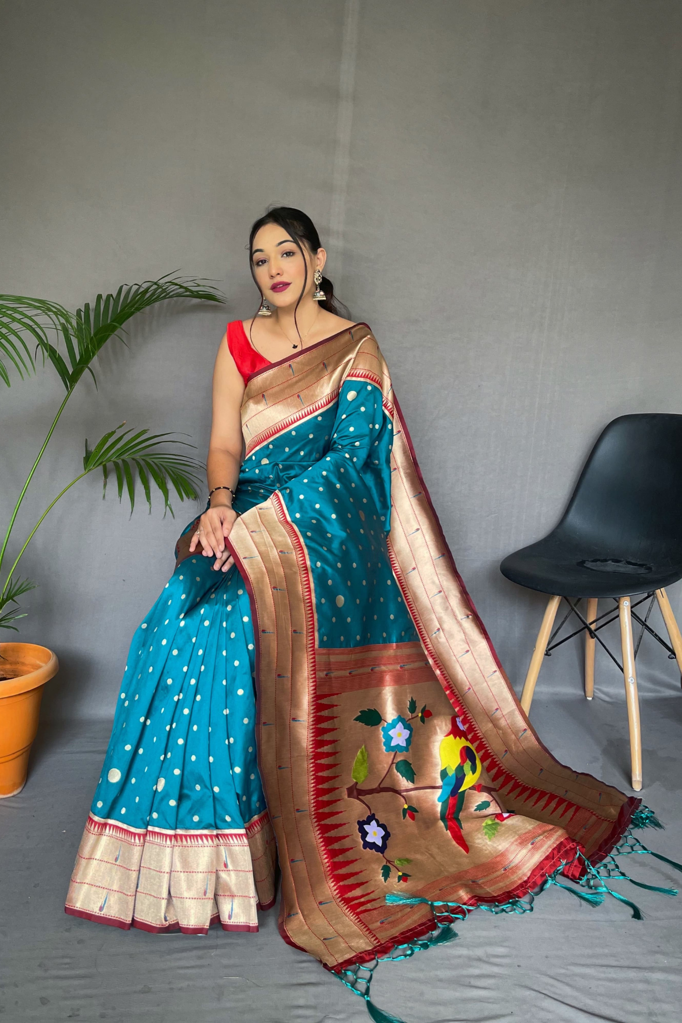Triple Munia Peacock Blue Paithani Silk Saree with Golden Zari Border