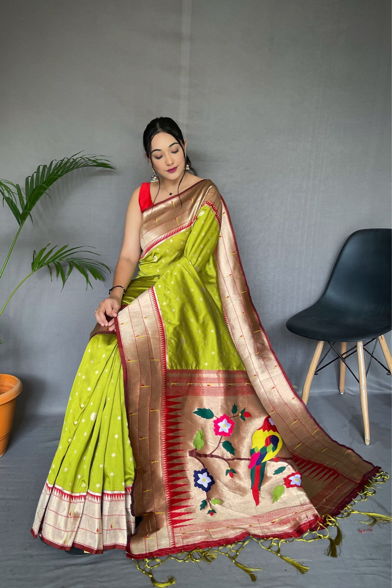 Triple Munia Vibrant Green  Paithani Saree