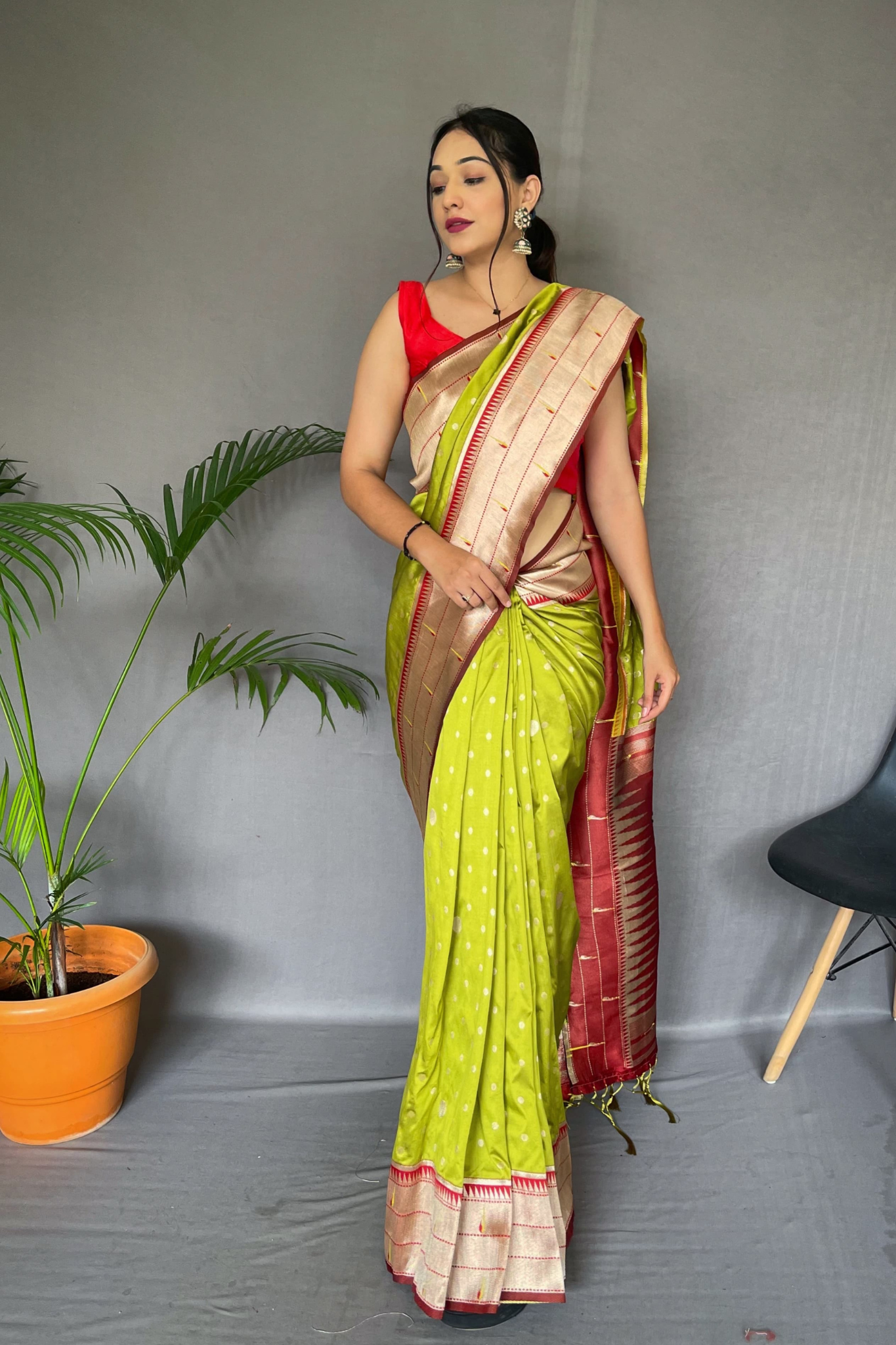 Triple Munia Vibrant Green  Paithani Saree