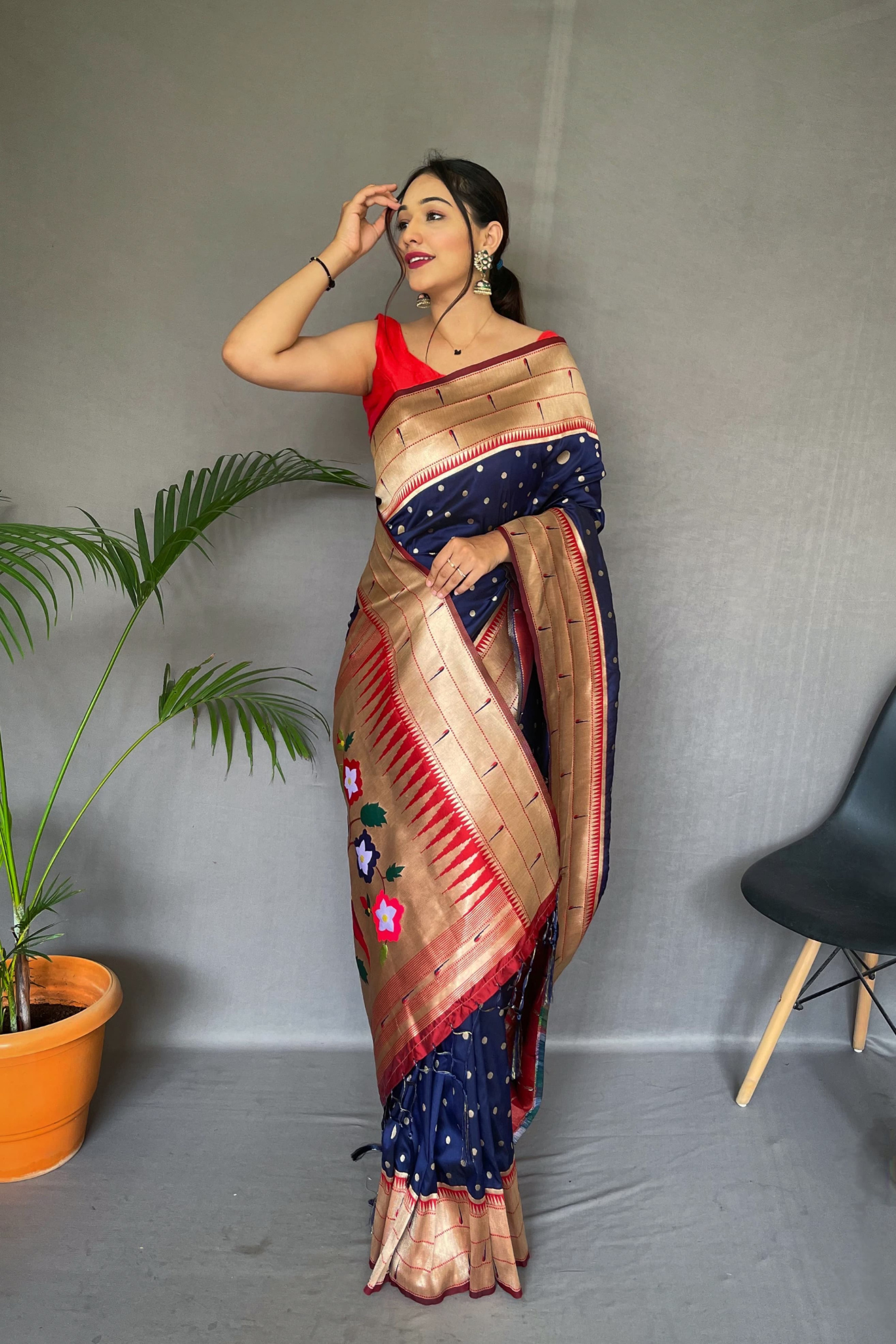 Triple Munia Midnight Blue  Paithani Saree