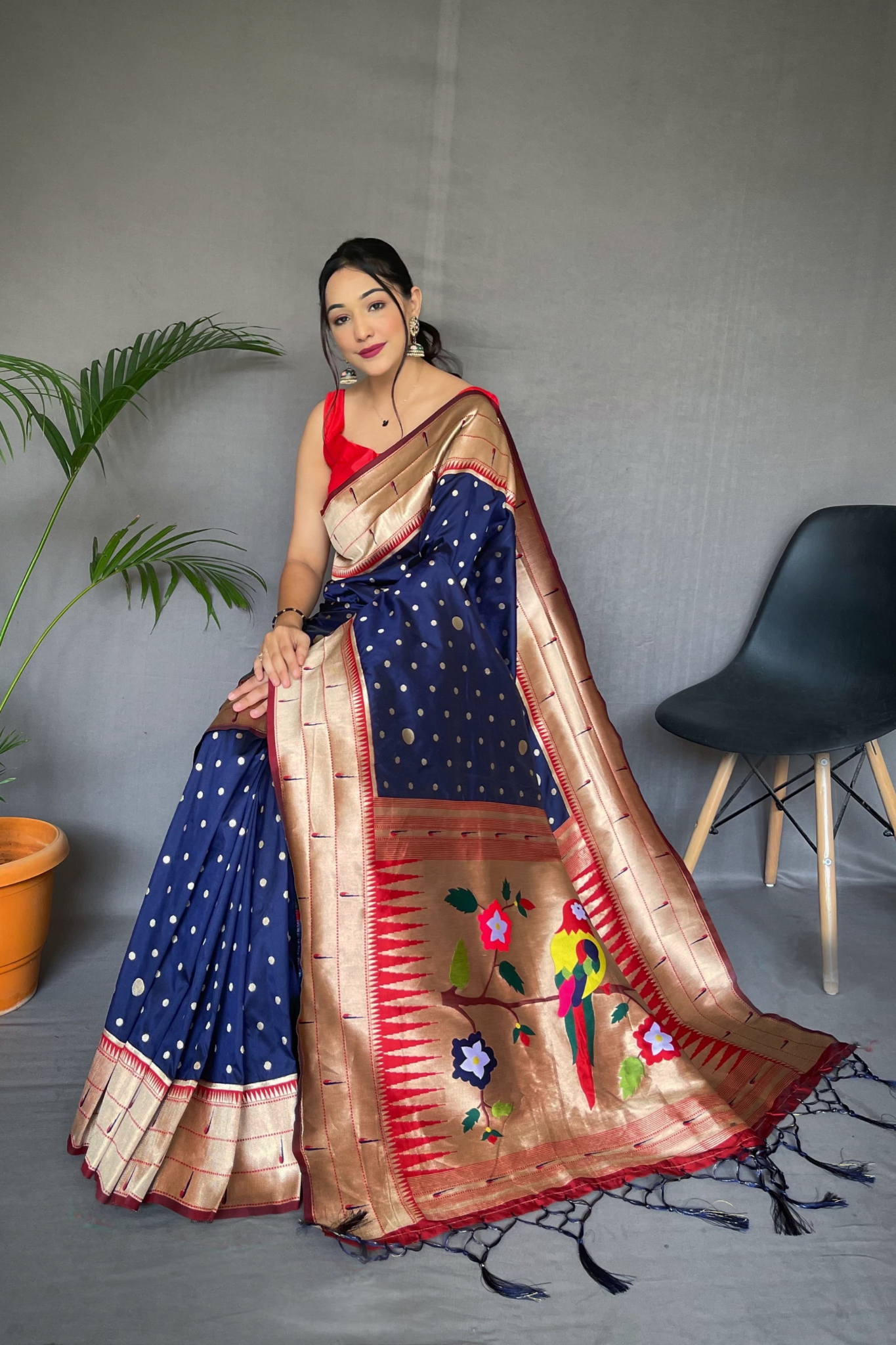 Triple Munia Midnight Blue  Paithani Saree