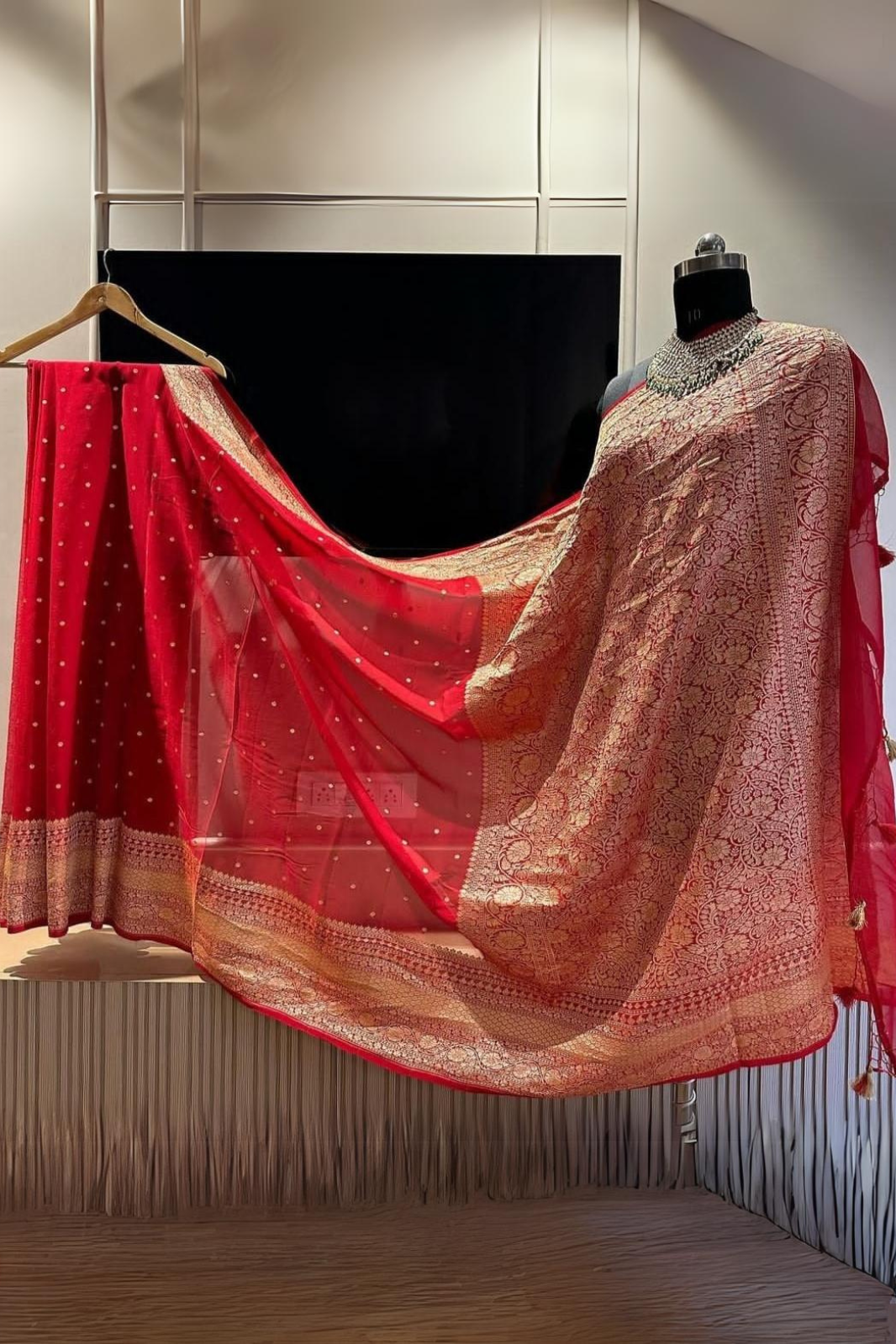 Rose Red Banarasi Khaddi Georgette Saree