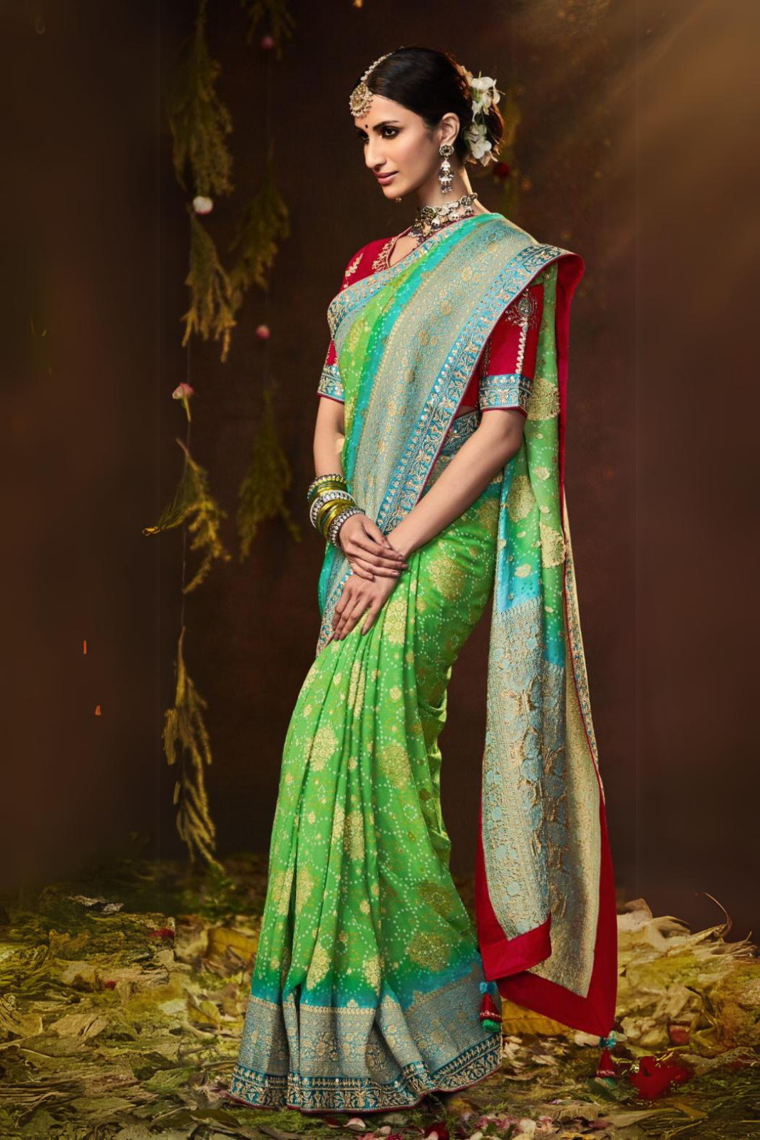 Neon Green With Firozi Pure Bandhani Khaddi Georgette Sarees