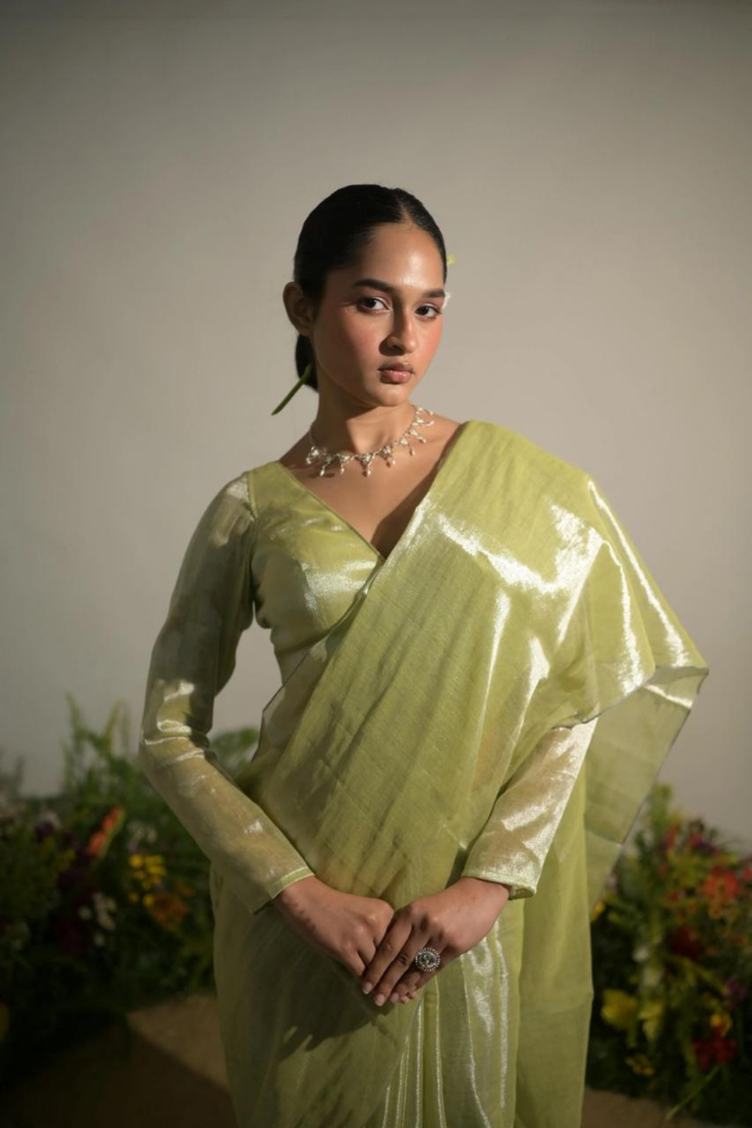 Soft Lime Green Designer Glass Tissue Silk Sarees