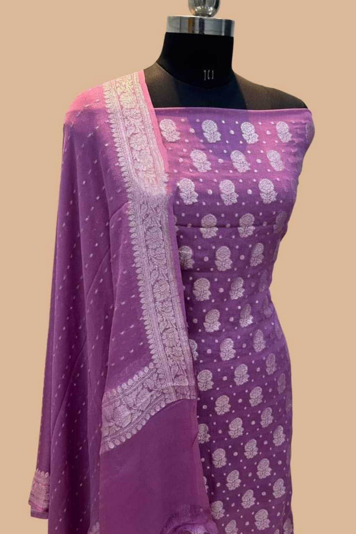 Purple Yellow Banarasi Khaddi Georgette Dress