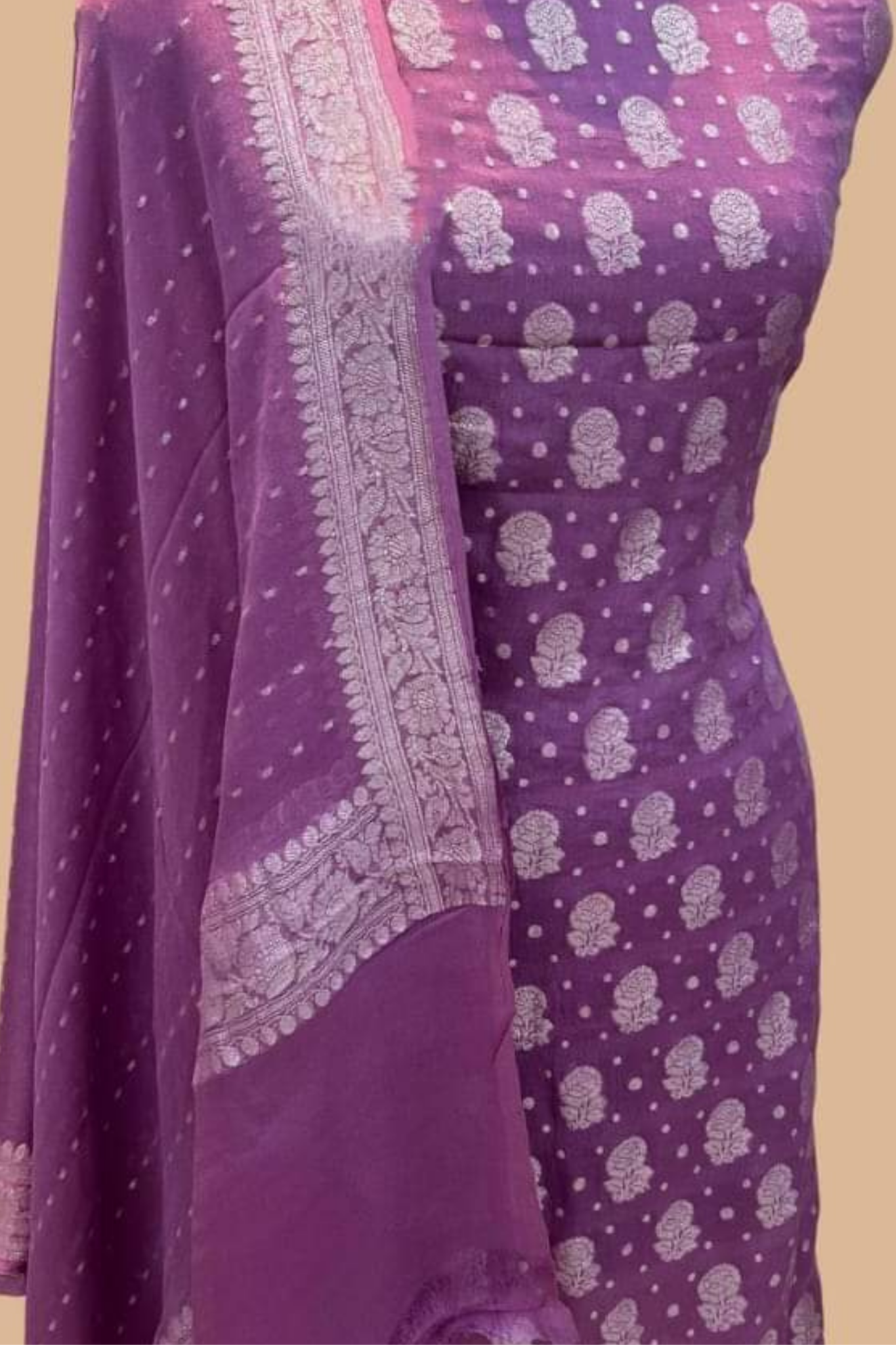 Purple Yellow Banarasi Khaddi Georgette Dress