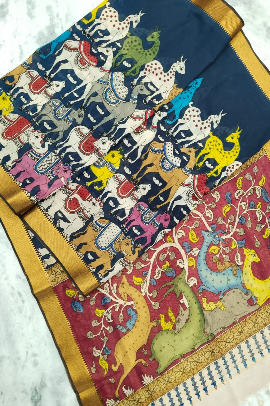 Polychromatic Handpainted Pen Kalamkari Silk Saree