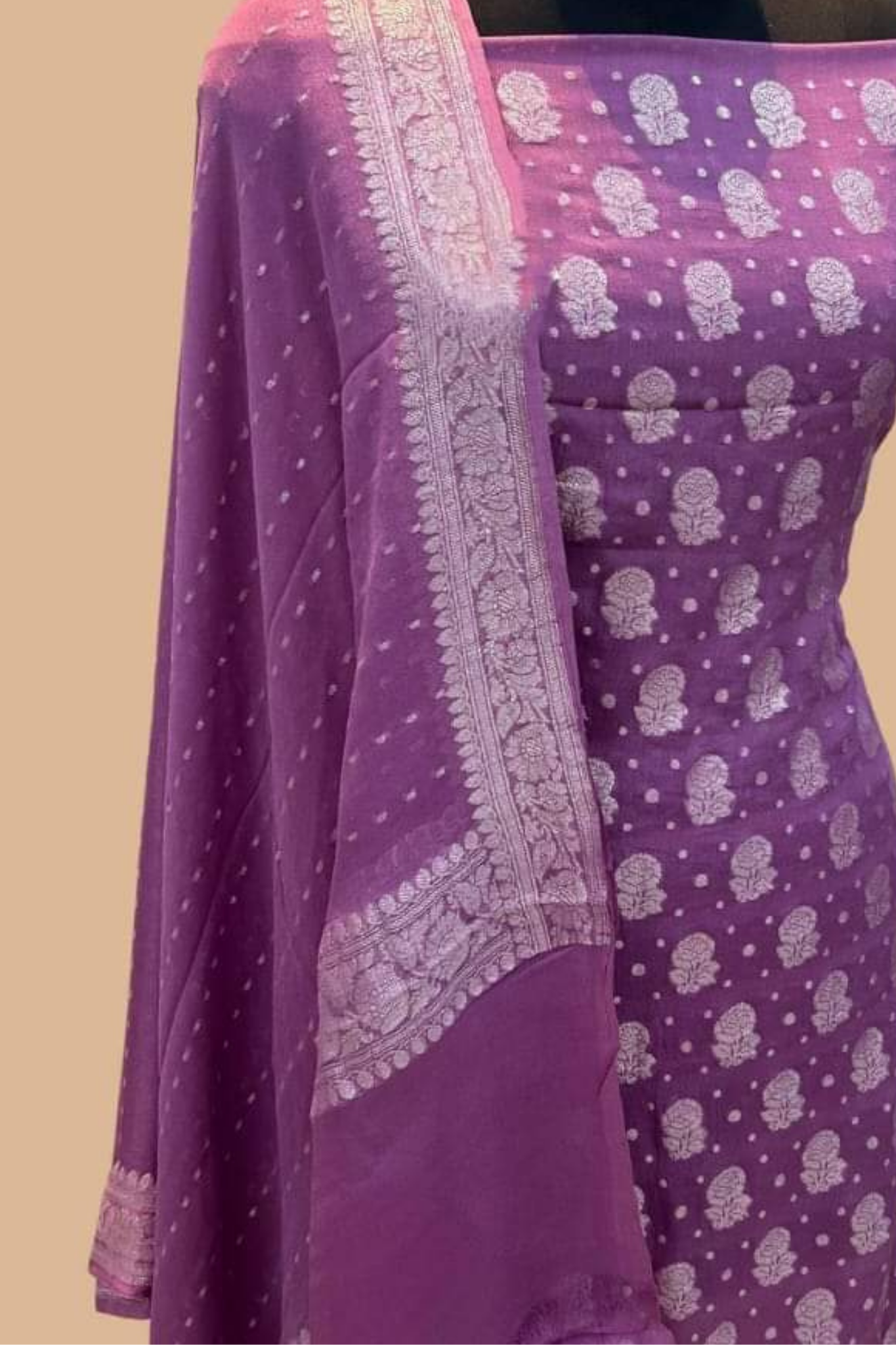 Purple Yellow Banarasi Khaddi Georgette Dress