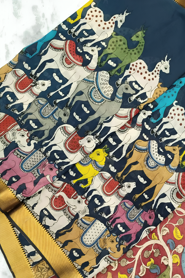 Polychromatic Handpainted Pen Kalamkari Silk Saree