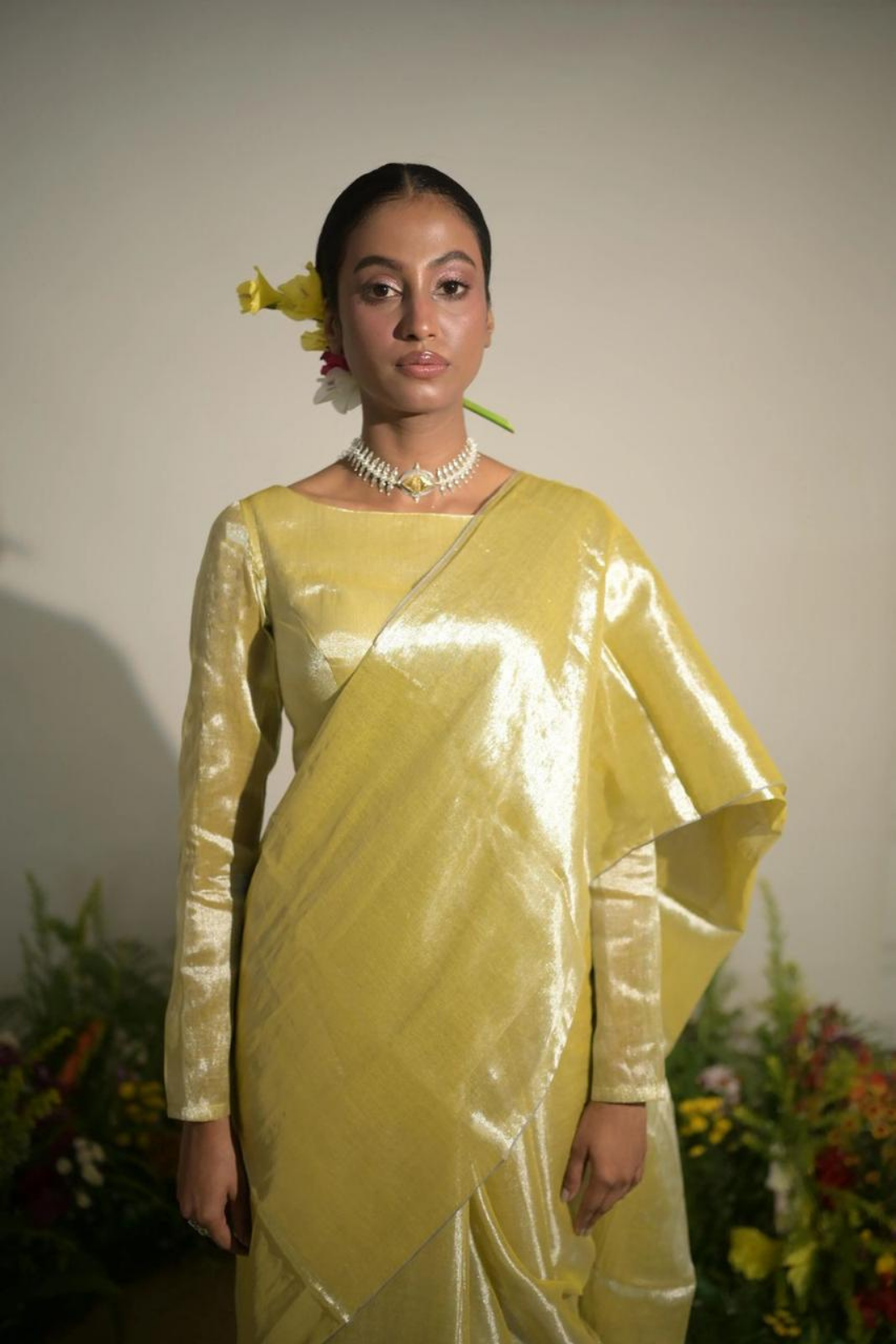 Lime Yellow Designer Glass Tissue Silk Sarees