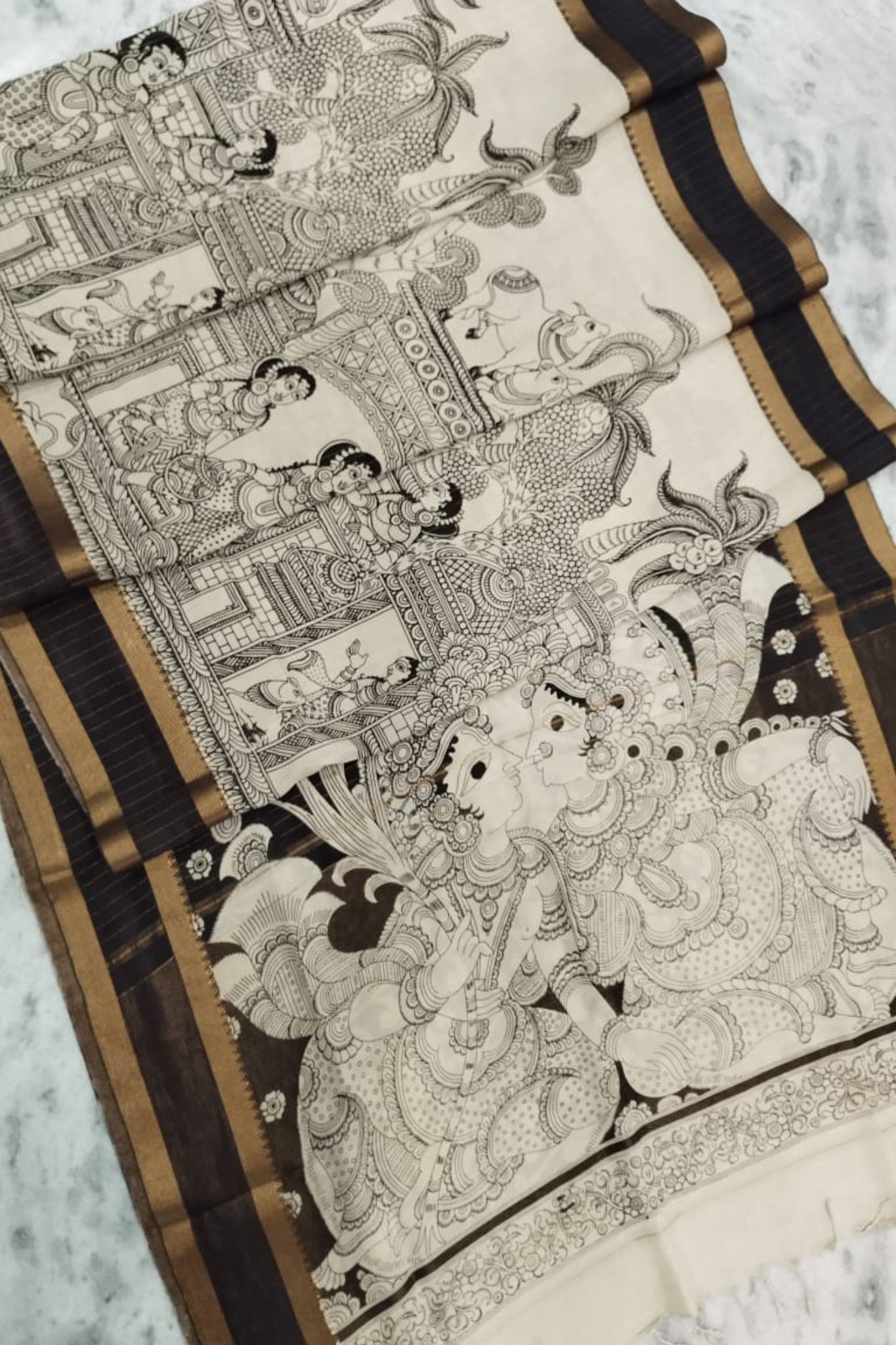 Monochrome Handpainted Pen Kalamkari Silk Saree – Radha Krishna Design