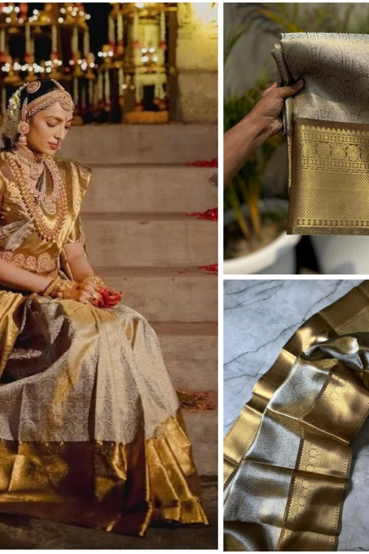 Gorgeous Gold & Silver Kanjivaram Silk Saree with Heavy Pallu and Border with Blouse