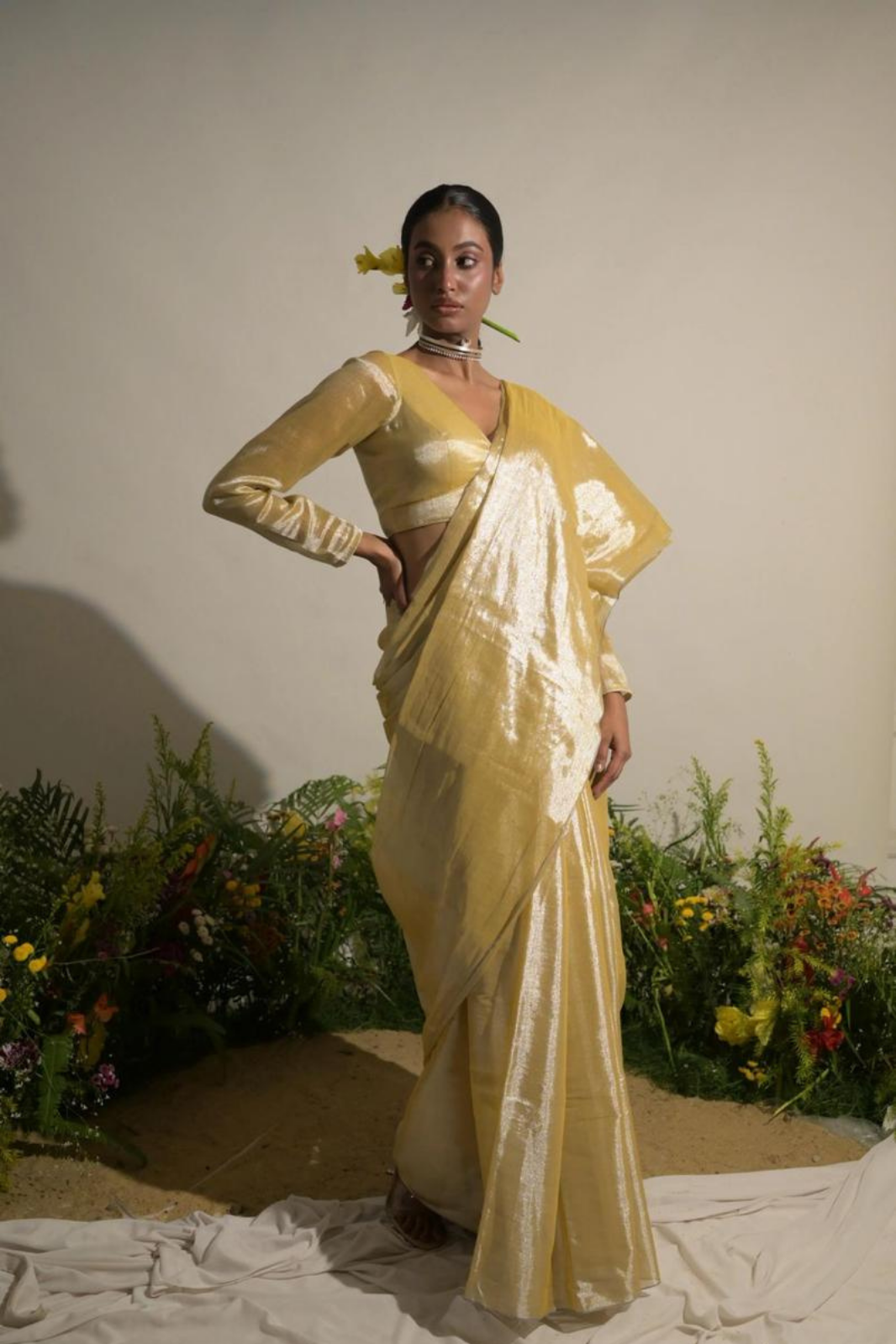 Lime Yellow Designer Glass Tissue Silk Sarees