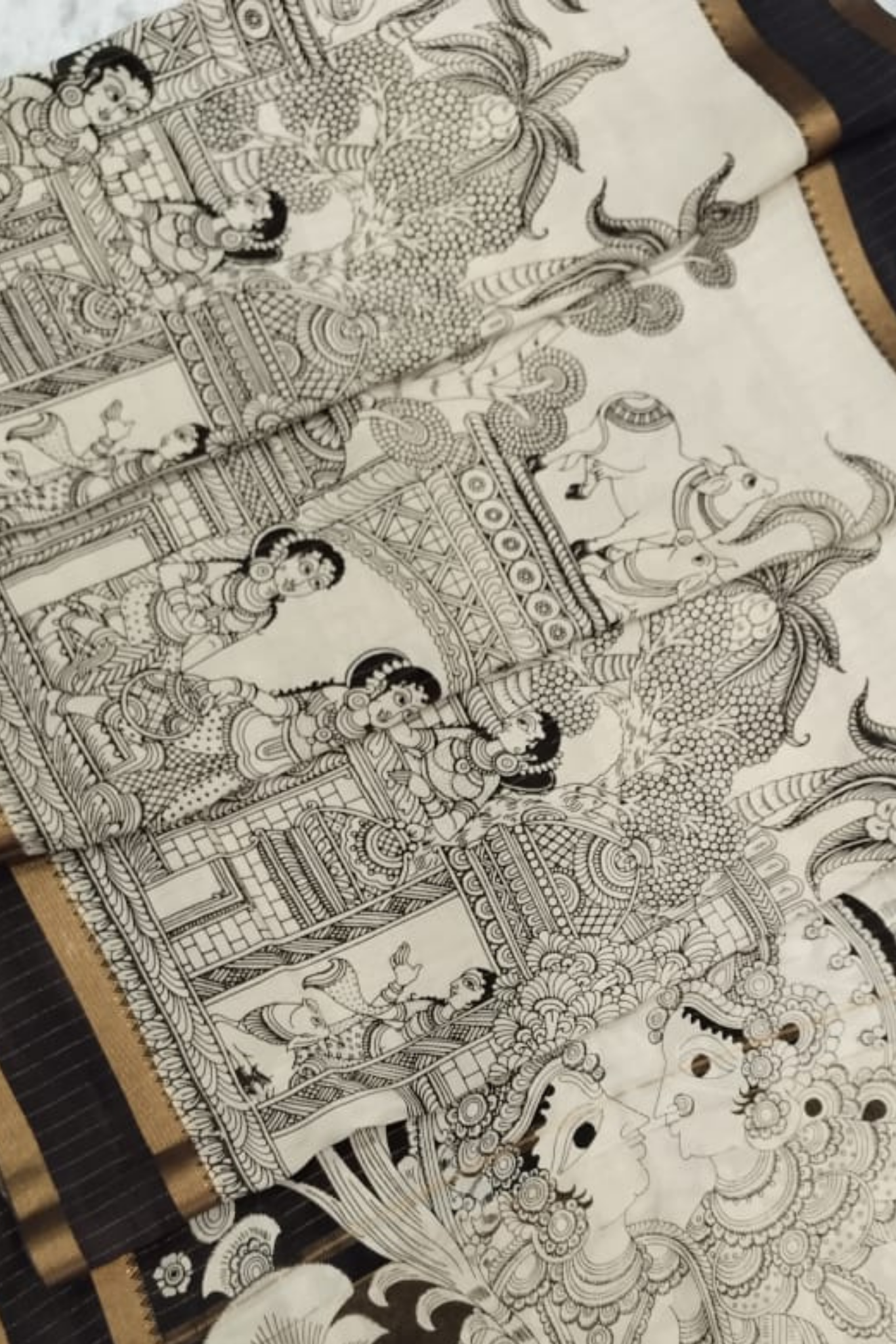 Monochrome Handpainted Pen Kalamkari Silk Saree – Radha Krishna Design