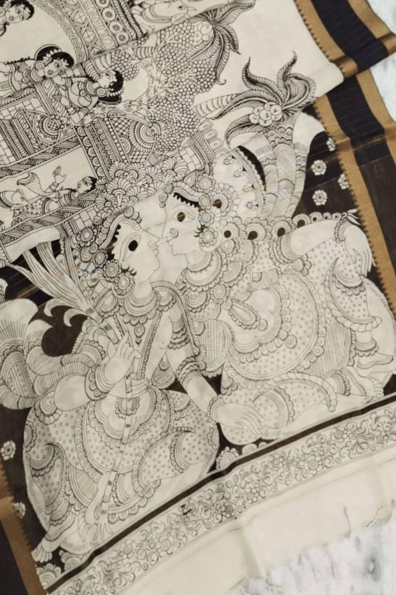 Monochrome Handpainted Pen Kalamkari Silk Saree – Radha Krishna Design