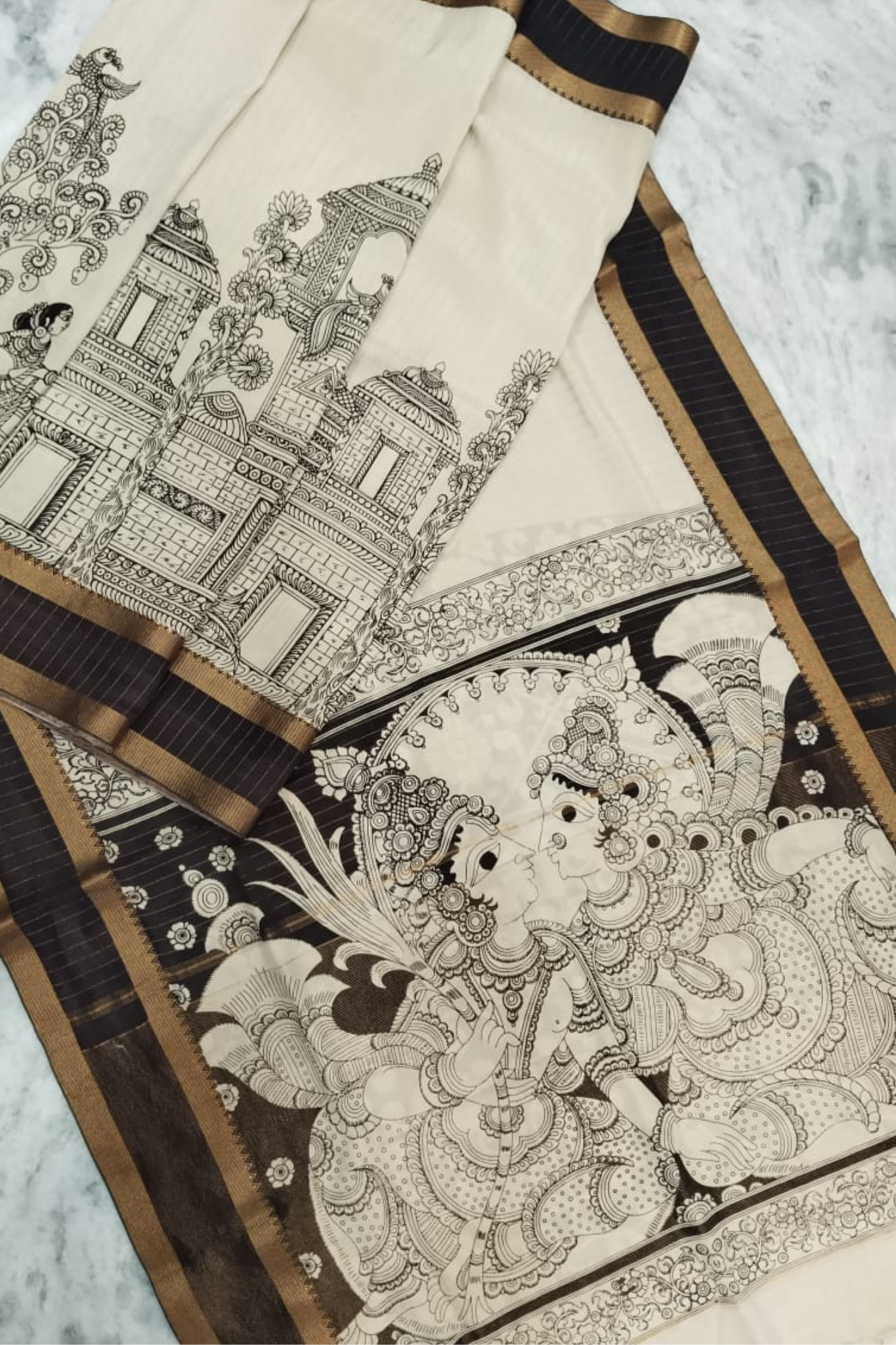 Monochrome Pen Kalamkari Silk Saree with Temple Architecture & Lady Motif