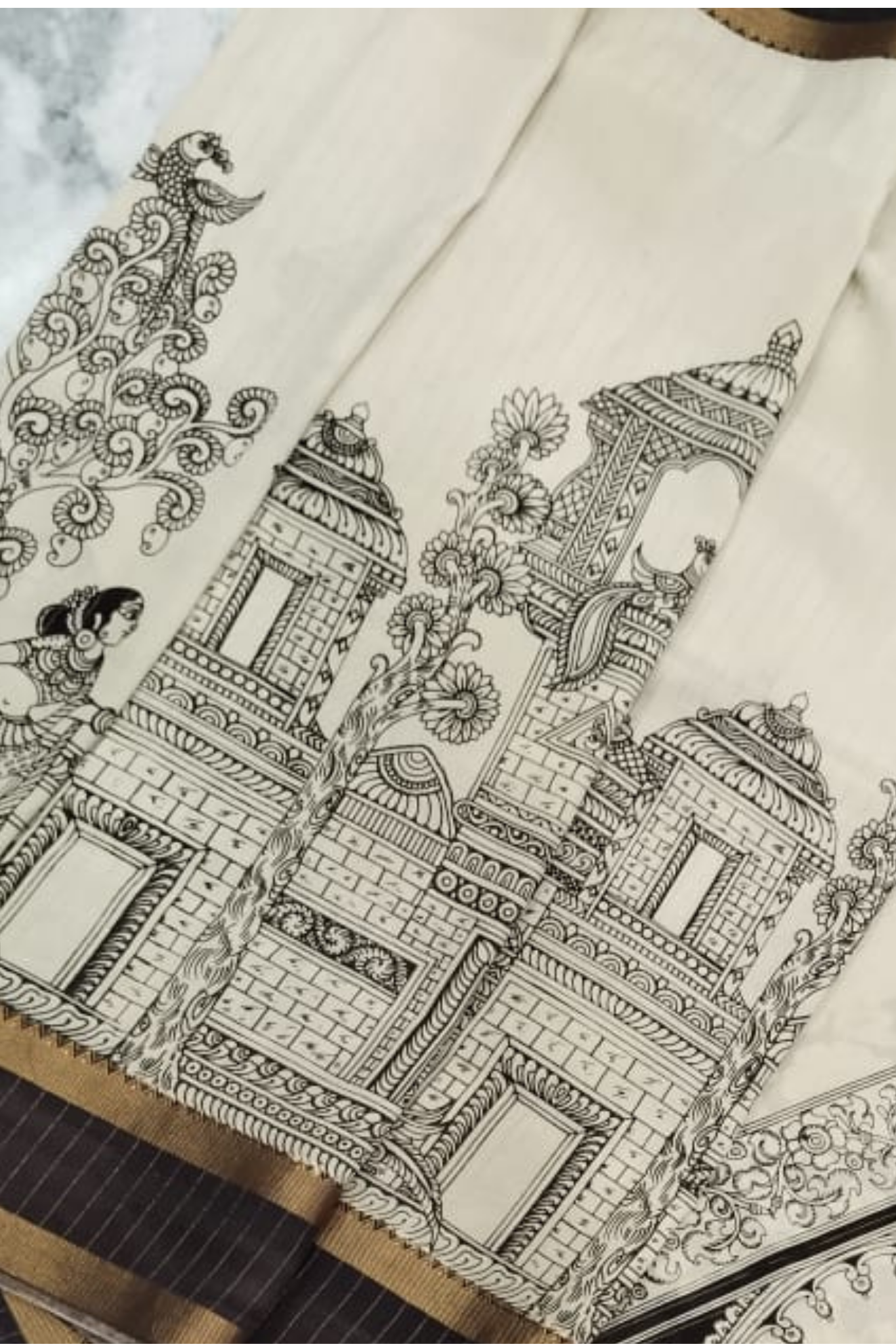 Monochrome Pen Kalamkari Silk Saree with Temple Architecture & Lady Motif