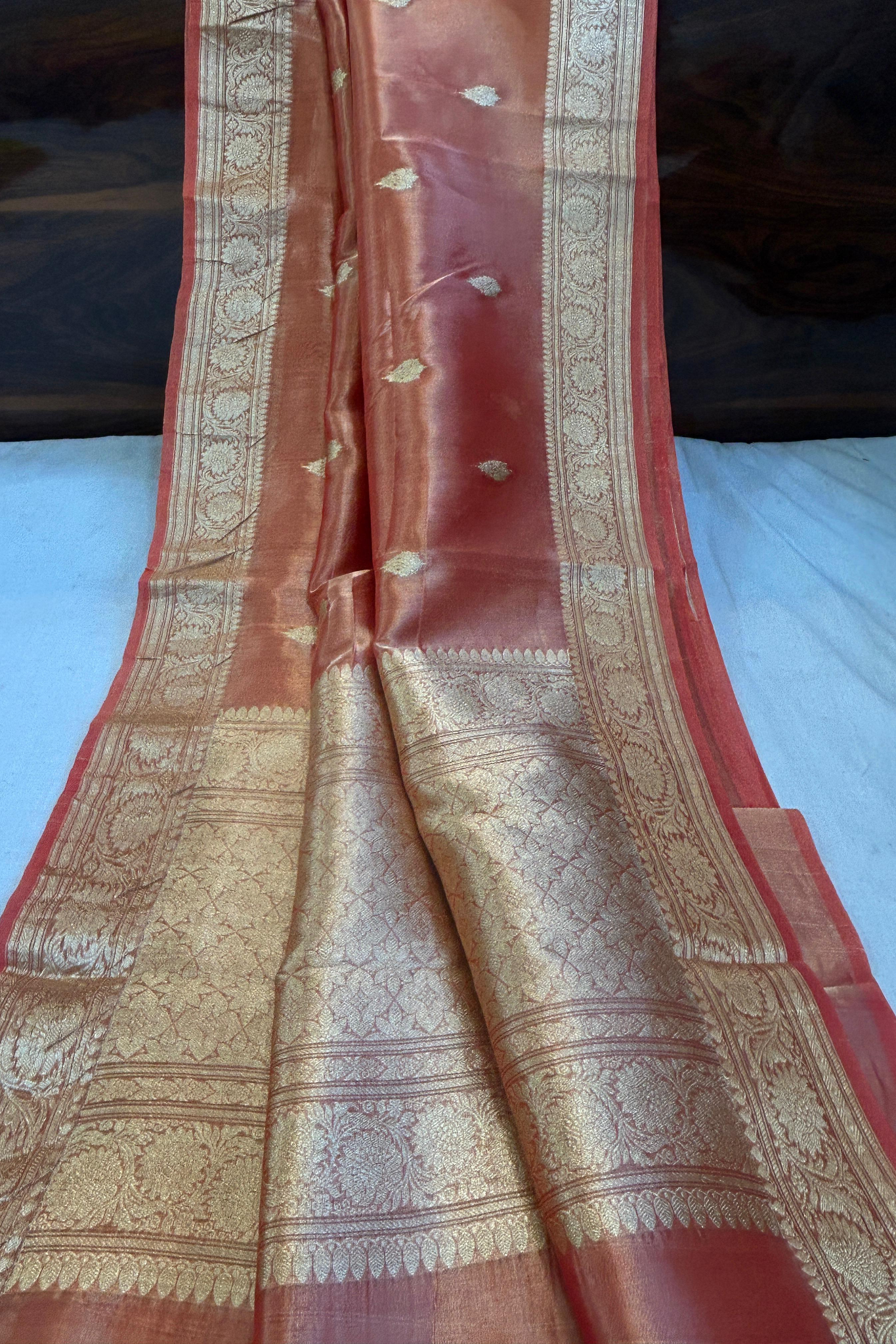 Bright Peach Banarasi Kora Silk Saree With Grand Matt Finish