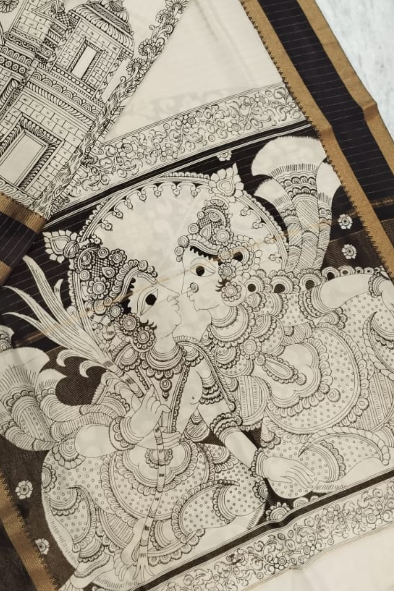 Monochrome Pen Kalamkari Silk Saree with Temple Architecture & Lady Motif