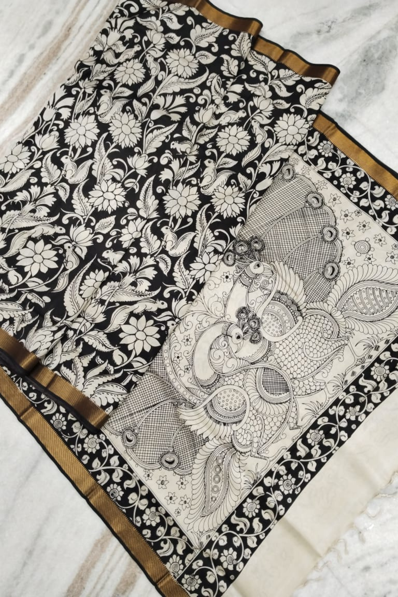 Monochrome Pen Kalamkari Silk Saree with Floral Body & Double Peacock Pallu