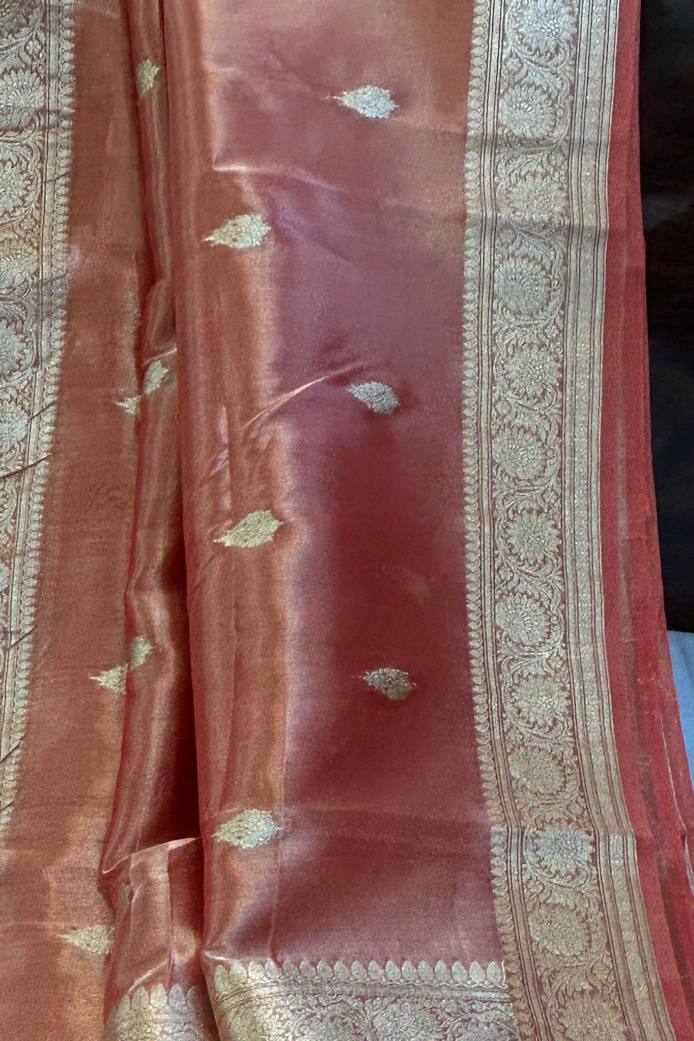 Bright Peach Banarasi Kora Silk Saree With Grand Matt Finish