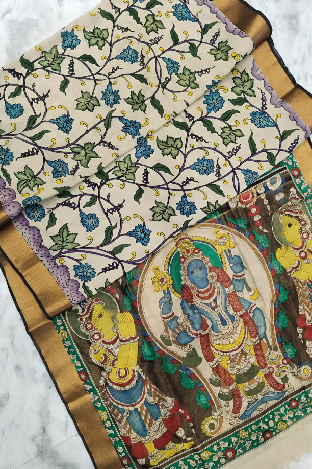 Polychromatic Handpainted Pen Kalamkari Silk Saree Ivory with Floral & Mythological Motifs