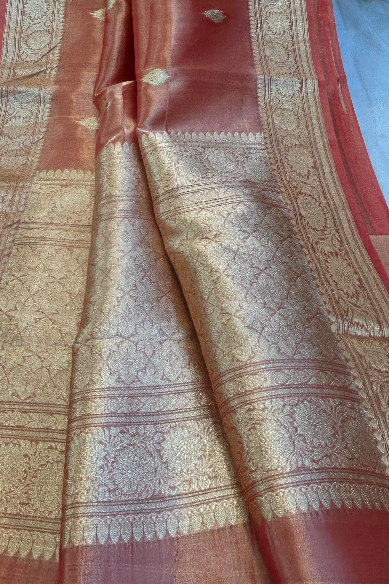 Bright Peach Banarasi Kora Silk Saree With Grand Matt Finish