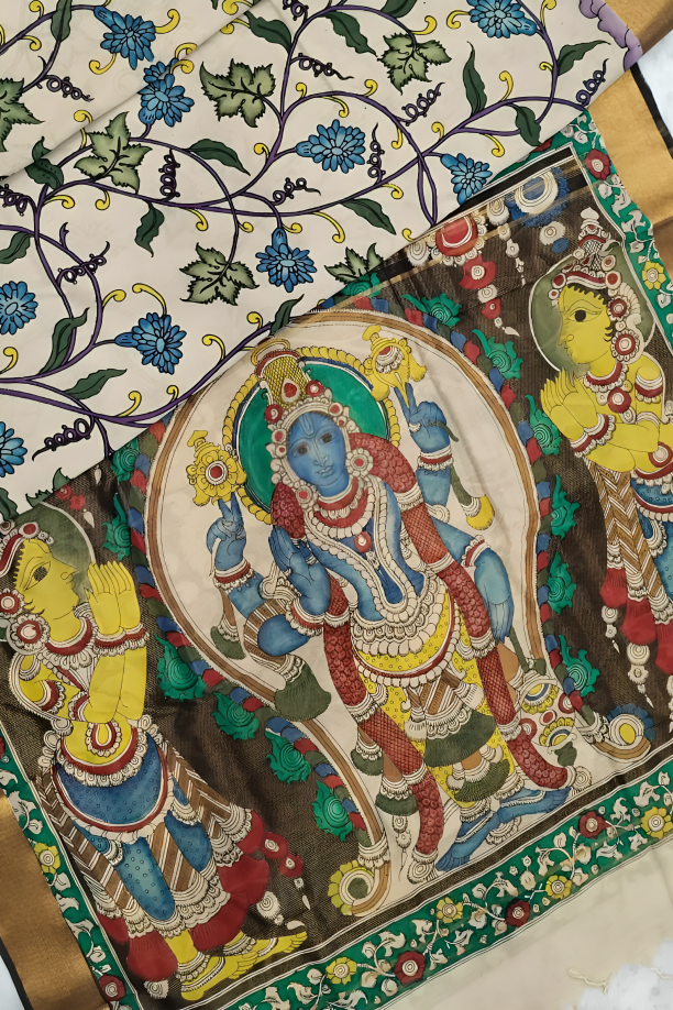 Polychromatic Handpainted Pen Kalamkari Silk Saree Ivory with Floral & Mythological Motifs