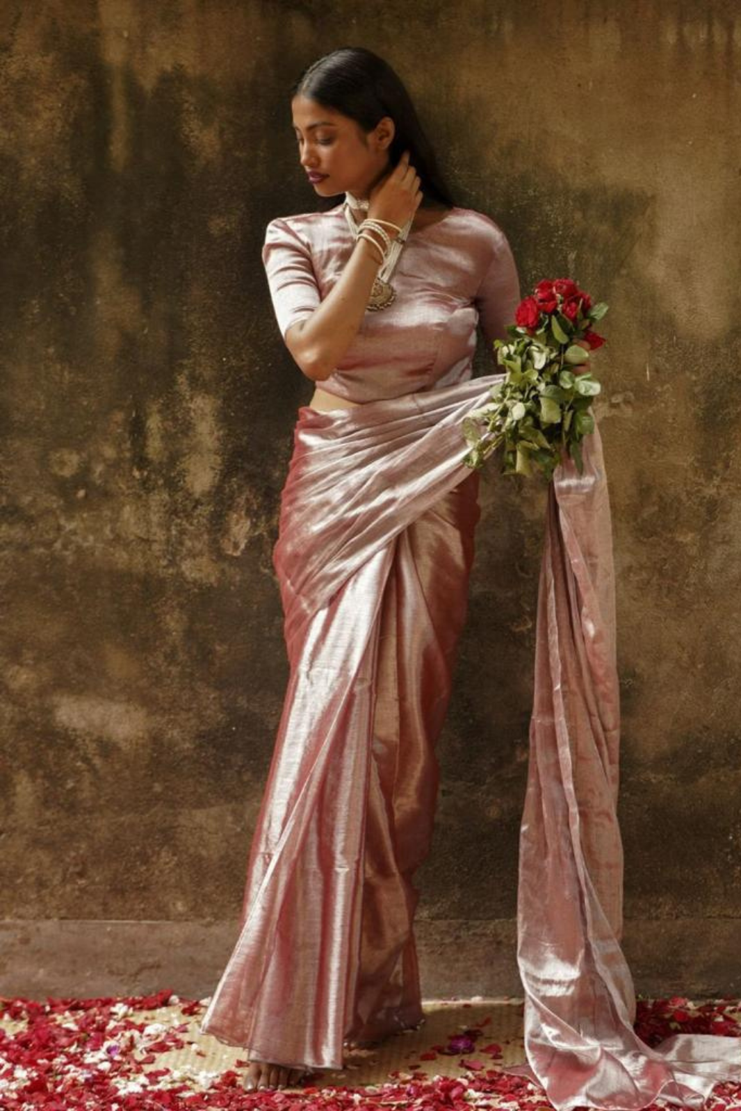 Honey Pink Designer Glass Tissue Silk Sarees