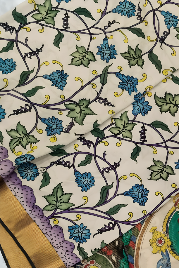 Polychromatic Handpainted Pen Kalamkari Silk Saree Ivory with Floral & Mythological Motifs