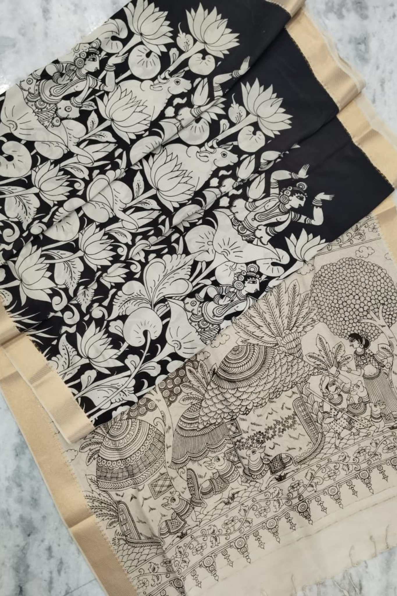 Monochrome Pen Kalamkari Silk Saree with Lotus Body & Village Life Pallu