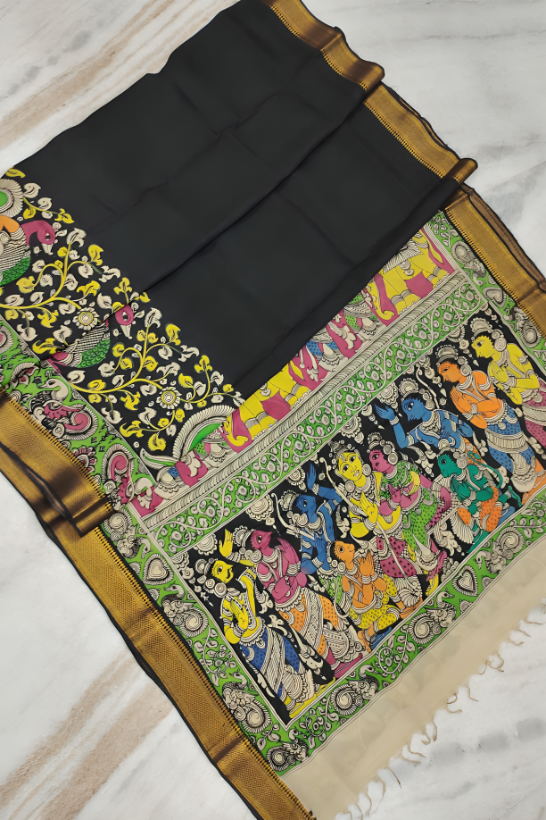 Polychromatic Handpainted Pen Kalamkari Silk Saree Black with Mythological Motifs & Golden Border