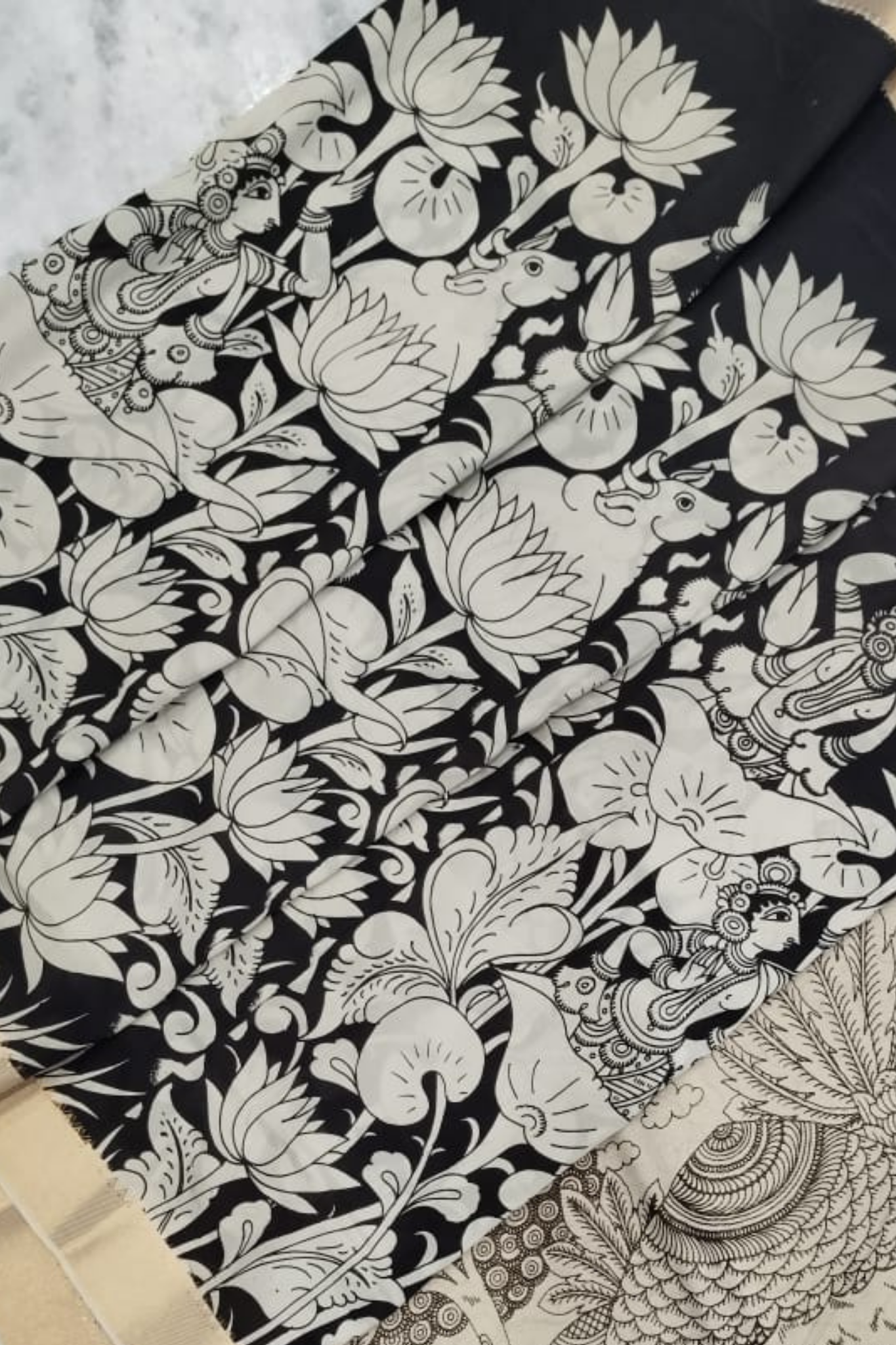 Monochrome Pen Kalamkari Silk Saree with Lotus Body & Village Life Pallu