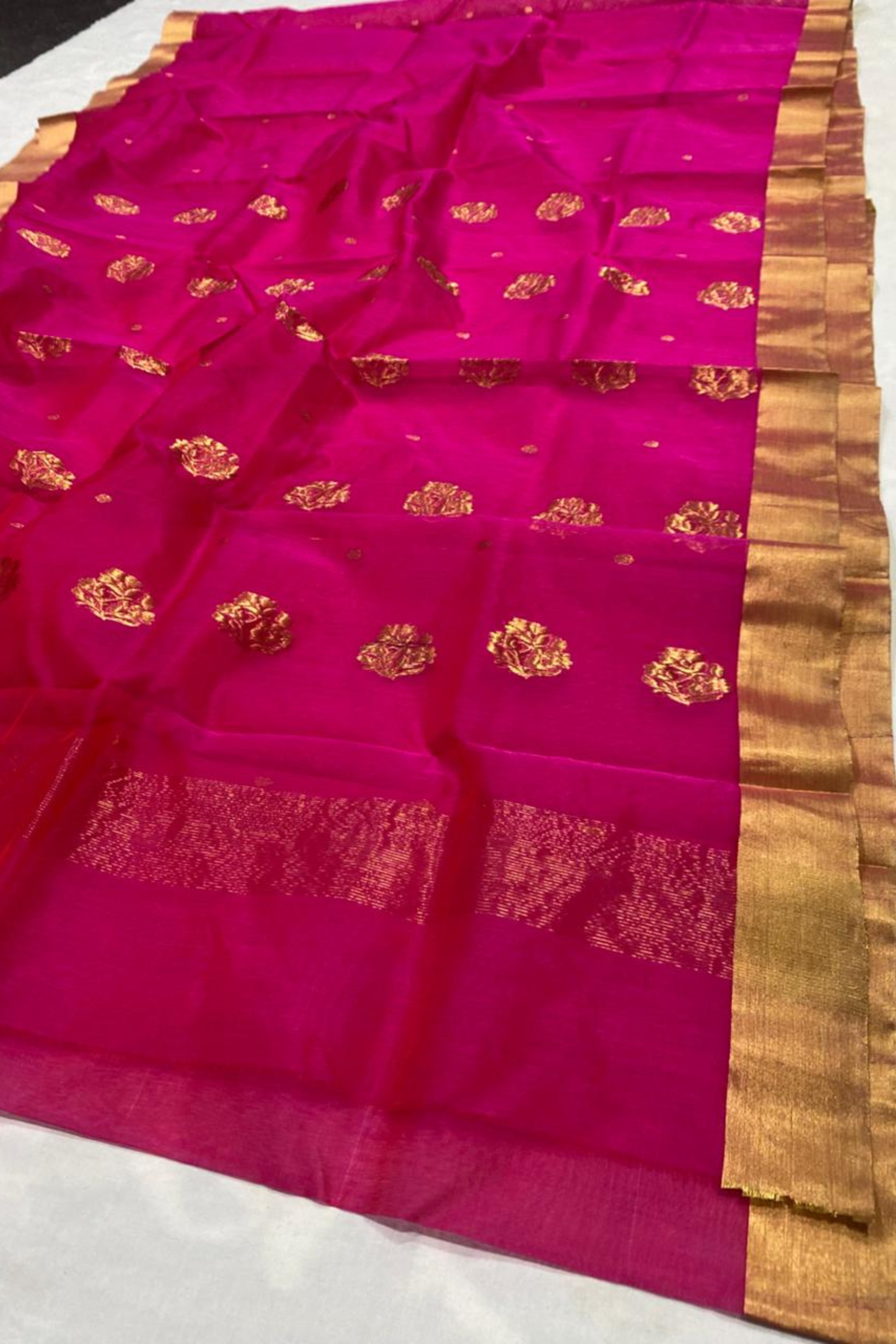 Royal Pink Pure Chanderi Silk Saree with Golden Border & Buttis