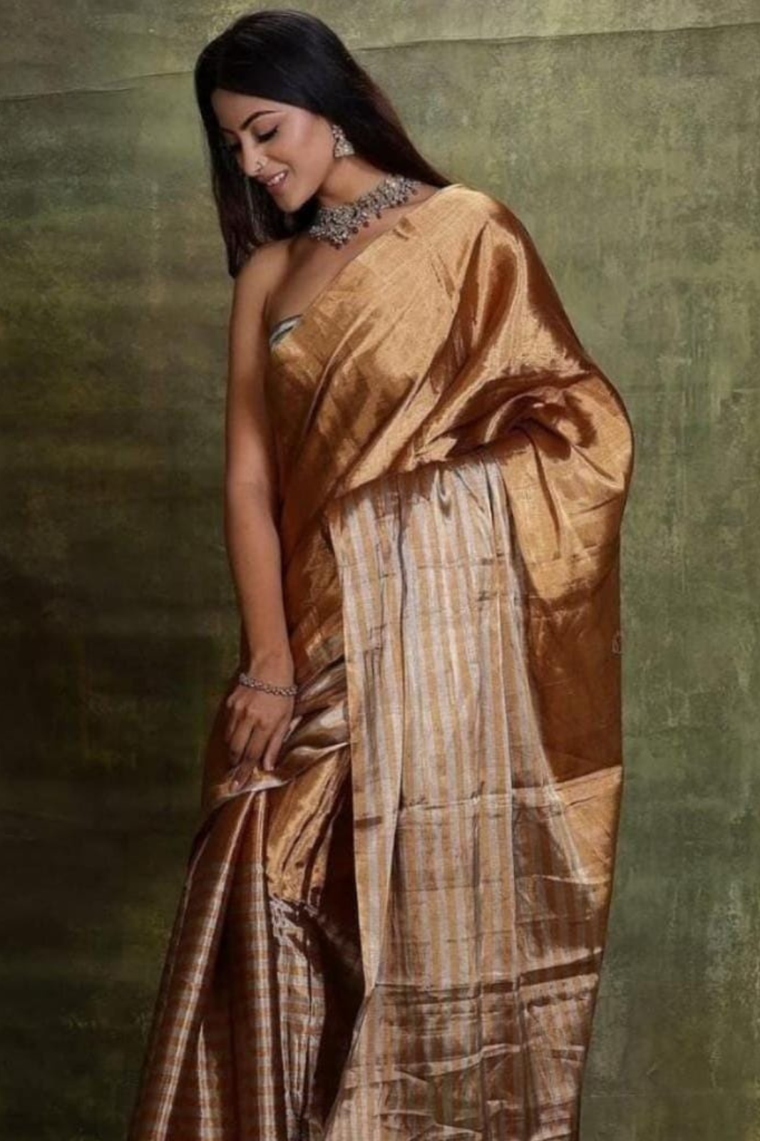 Sandalwood Gold Pure Handweaved Tissue Silk Saree