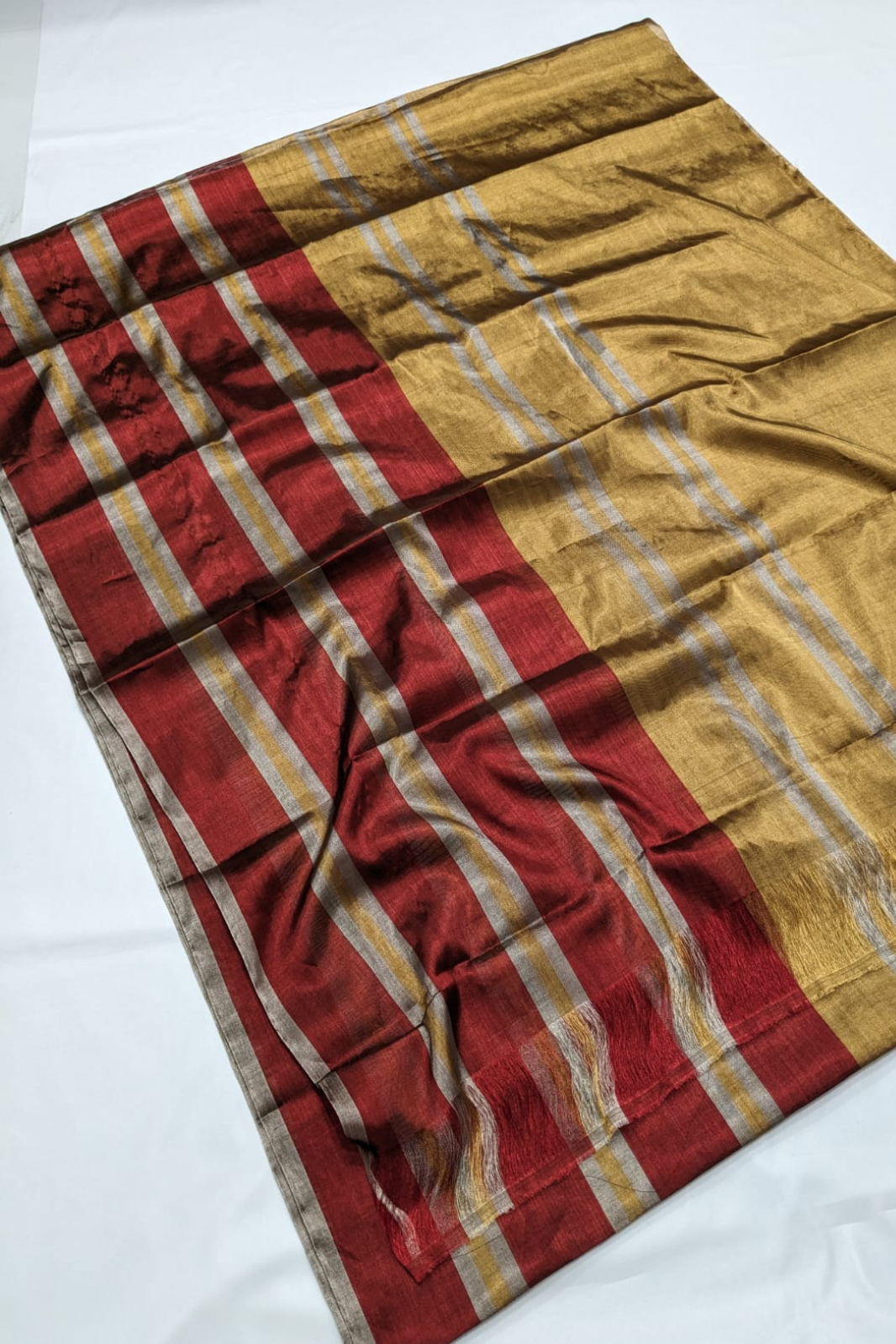 Sandalwood Gold With Mehroon Stripes Tissue Silk Saree