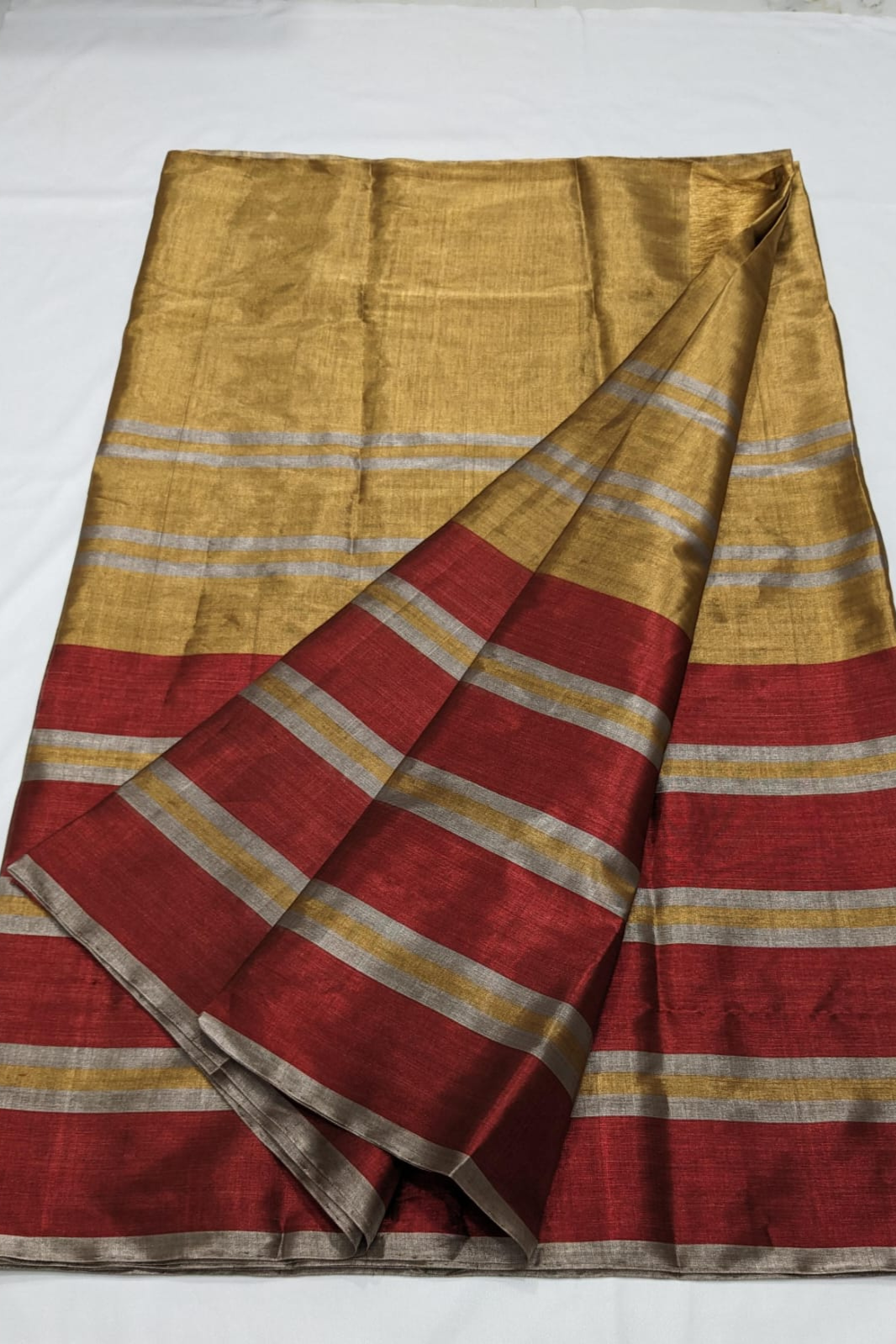 Sandalwood Gold With Mehroon Stripes Tissue Silk Saree