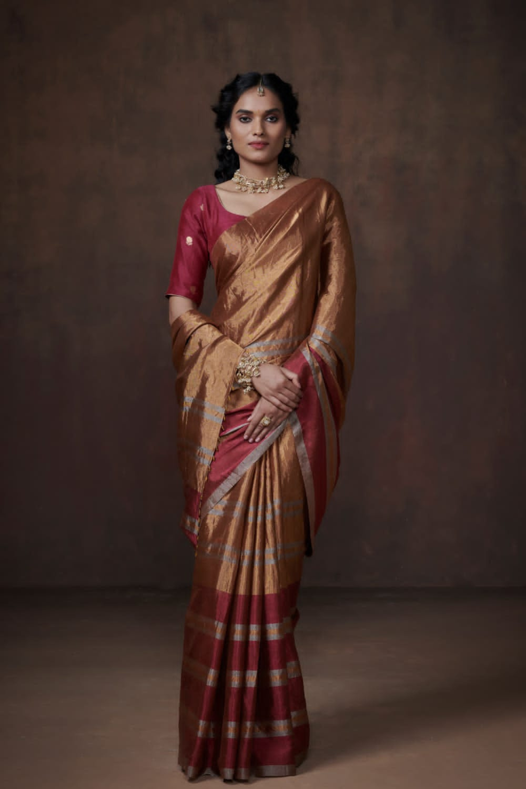 Sandalwood Gold With Mehroon Stripes Tissue Silk Saree