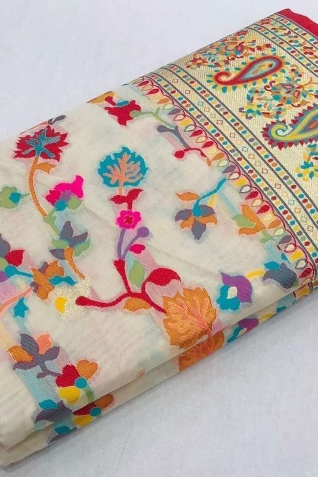 Pearl White With Multi Colour Resham Kani Weaving Silk Saree